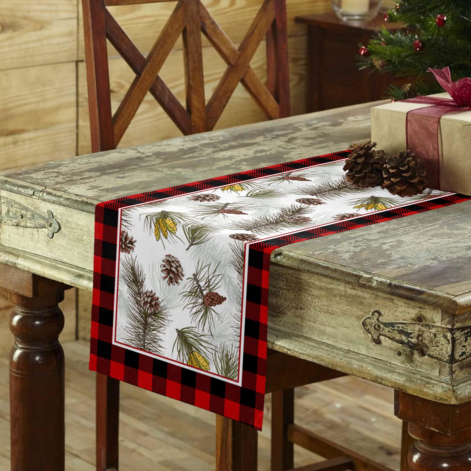 Christmas Cotton Linen Table Runner - Buffalo Plaid Pine Tree Design Holiday Decor for Dining Table, Kitchen, Farmhouse - 13x70 Inch (Perfect for Christmas Dinner, Party Decorations & Festive Home Styling)