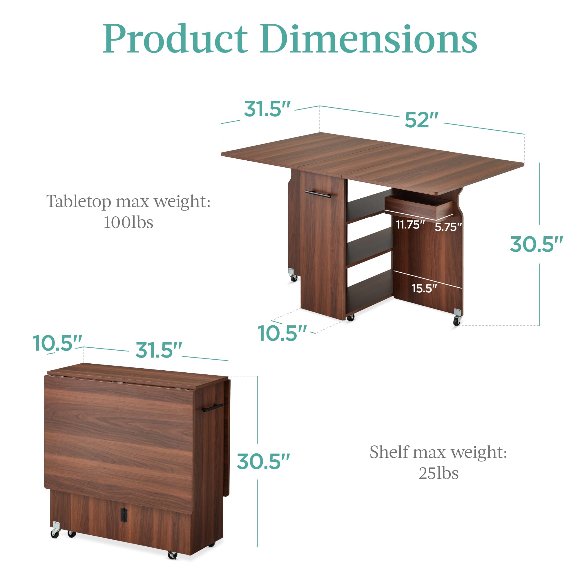 Best Choice Products Folding Dining Table with Wheels - Space Saving Collapsible Drop Leaf Extension Desk, 3 Storage Shelves, Multipurpose Brown Table for Small Spaces, Kitchen, Dorm Room, or Office Use