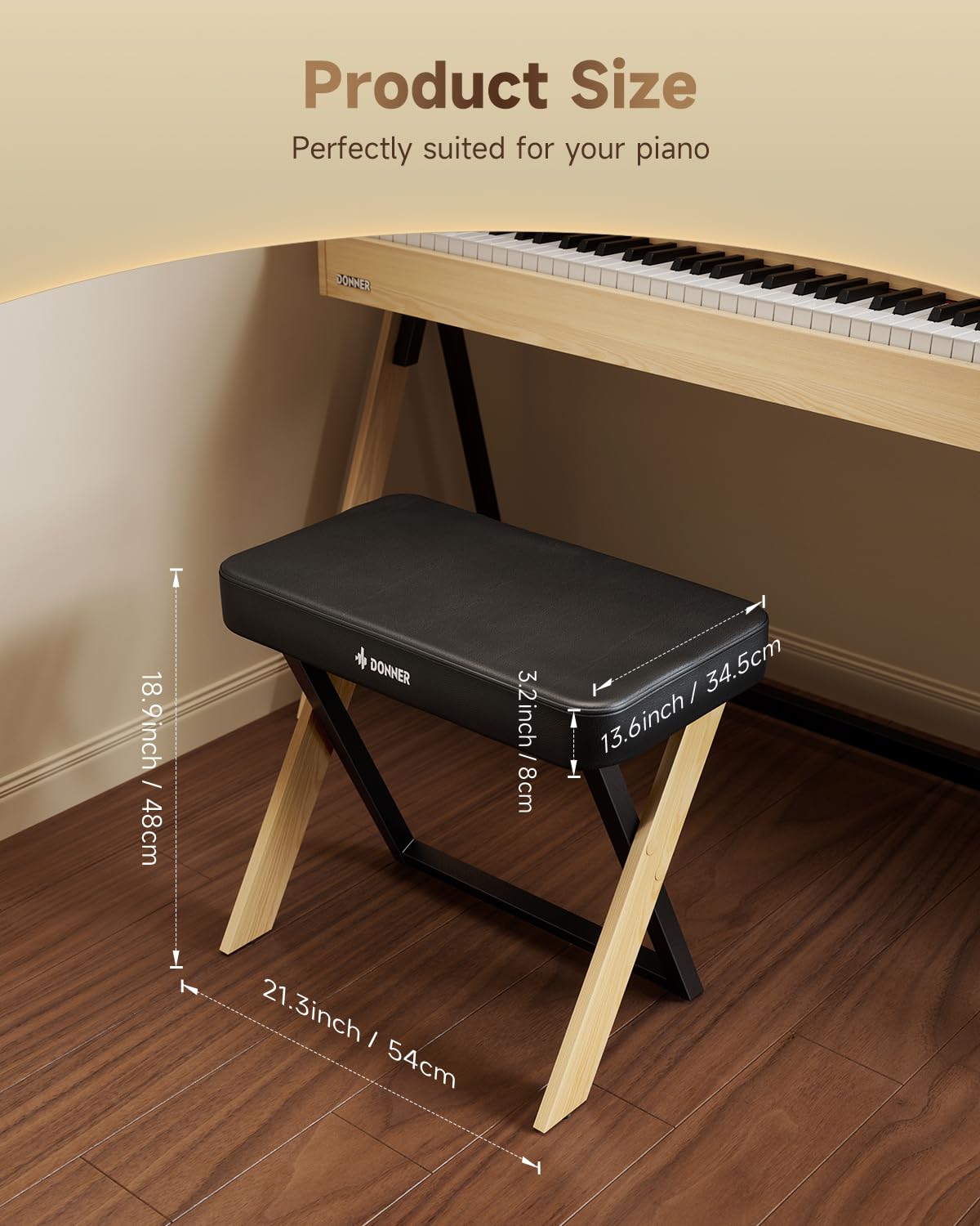 Donner DKB-300 Adjustable Piano Bench with Thick Padding - Light Wood Keyboard Stool for Home, Studio & Church - Comfortable Metal Frame Piano Seat with Cushion for Digital Piano, Keyboard & Organ Players