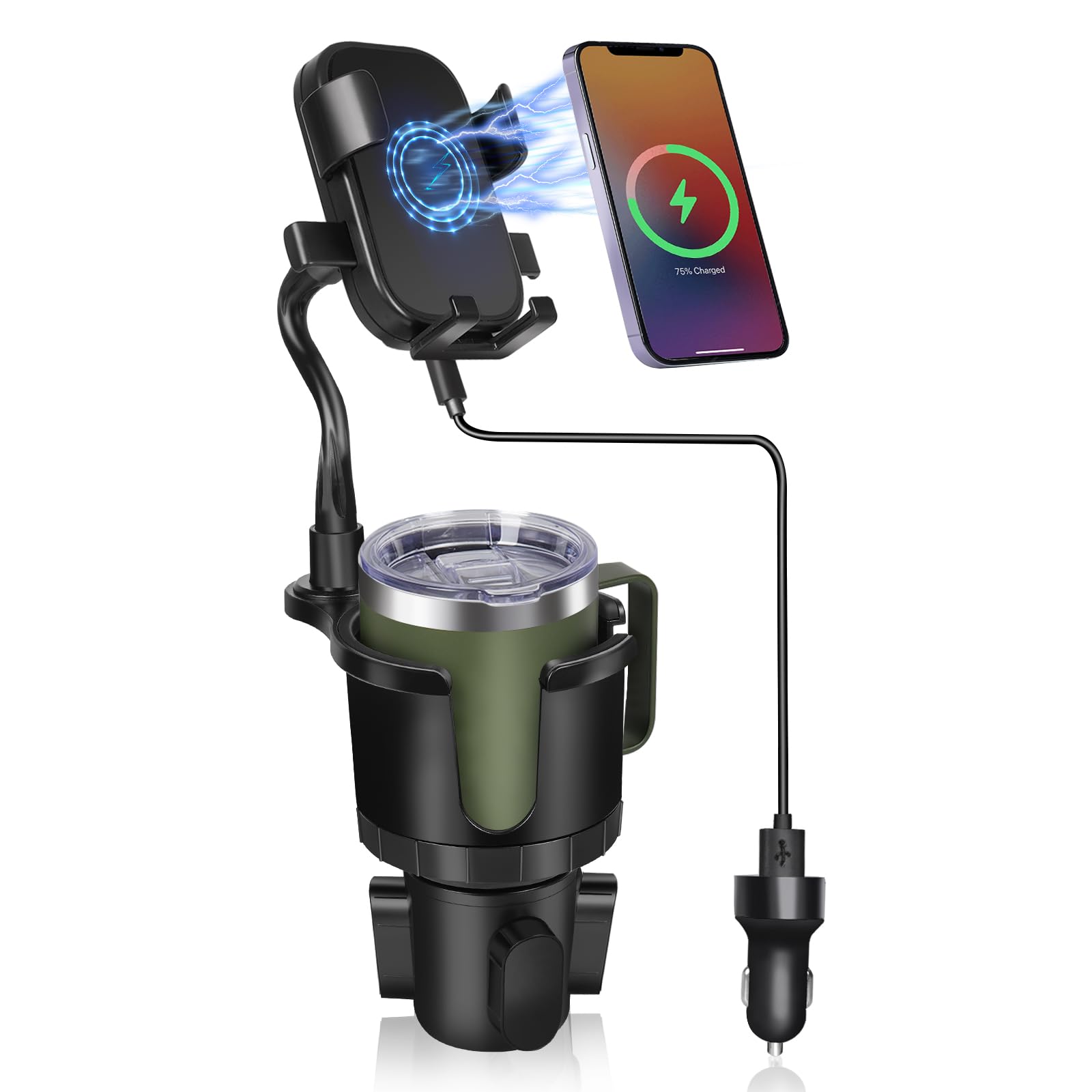 Upgraded 3-in-1 Car Wireless Charger Cup Holder - 15W Fast Charging, Adjustable Base & 360° Rotation Phone Mount - Compatible with iPhone 15/14/13, Samsung Galaxy S23/S22 - Perfect for Road Trips & Daily Commute