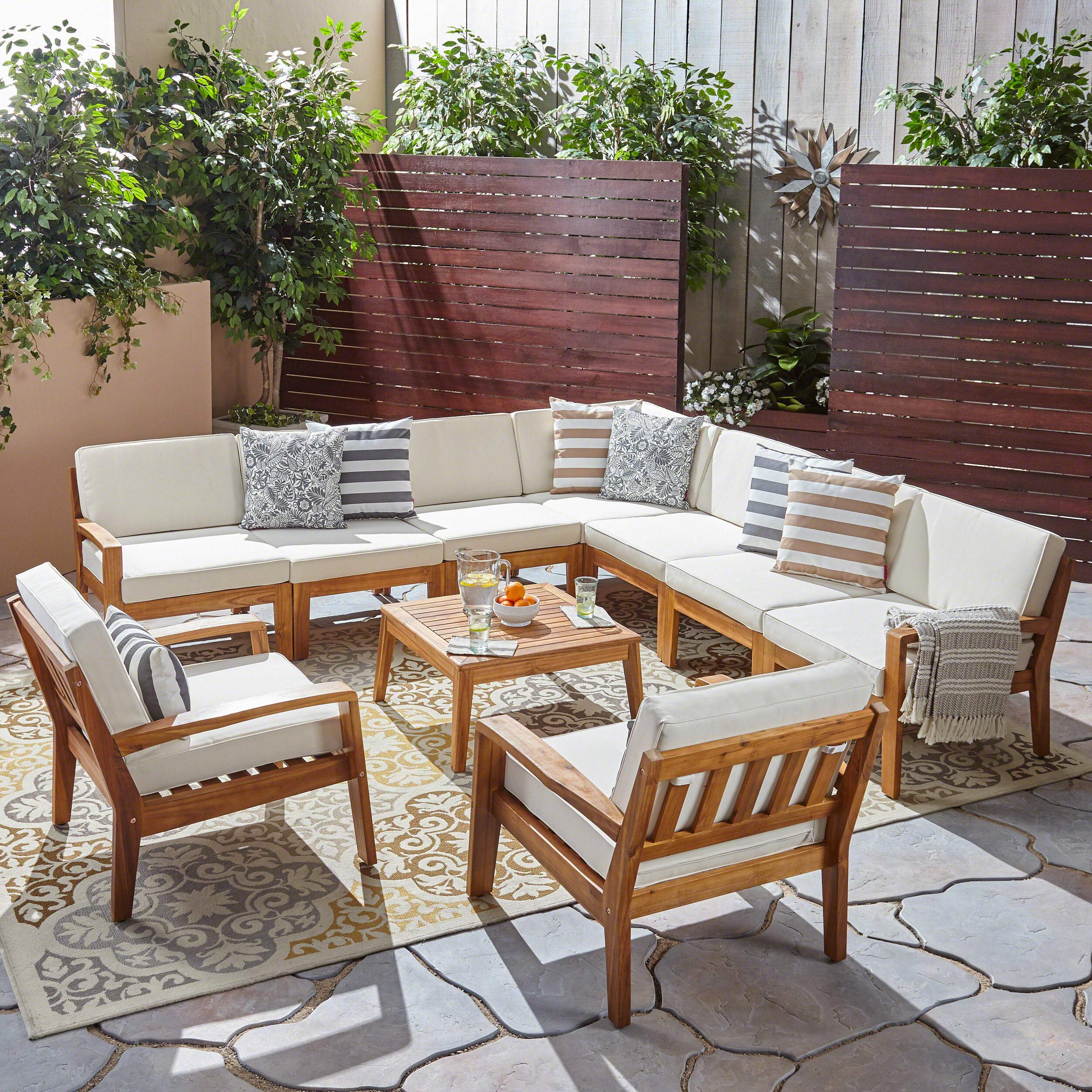 Premium 7-Piece Acacia Wood Patio Sectional Sofa Set with Cushions - Includes Coffee Table & Club Chairs | Teak & Cream Outdoor Furniture | Perfect for Backyard, Poolside & Garden Relaxation