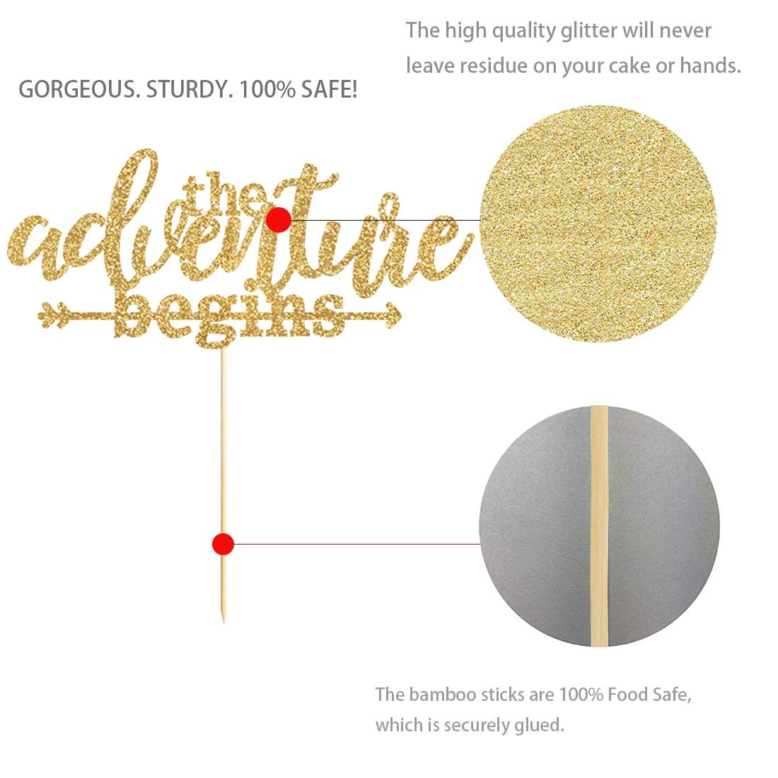 Gold Glitter 'The Adventure Begins' Cake Topper - Wedding Arrow Decor for Bridal Showers & Engagement Parties - Perfect for Anniversary Cakes, Baby Showers & Romantic Celebrations