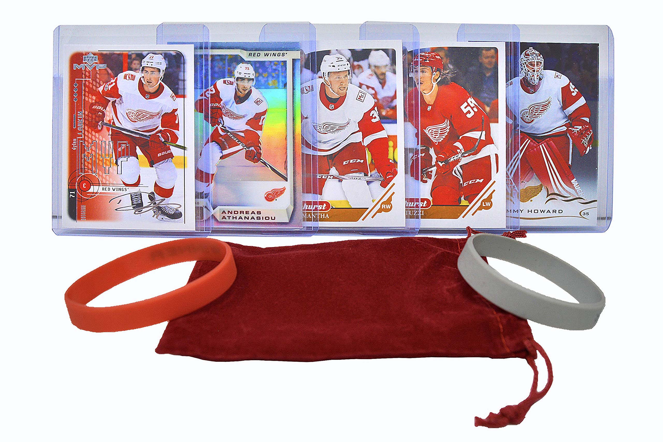 Detroit Red Wings Hockey Trading Cards Bundle - Dylan Larkin, Robby Fabbri, Anthony Mantha, Tyler Bertuzzi & Jonathan Bernier Collectible Cards with Wristbands - Perfect for NHL Fans, Collectors and Game Day Gifts