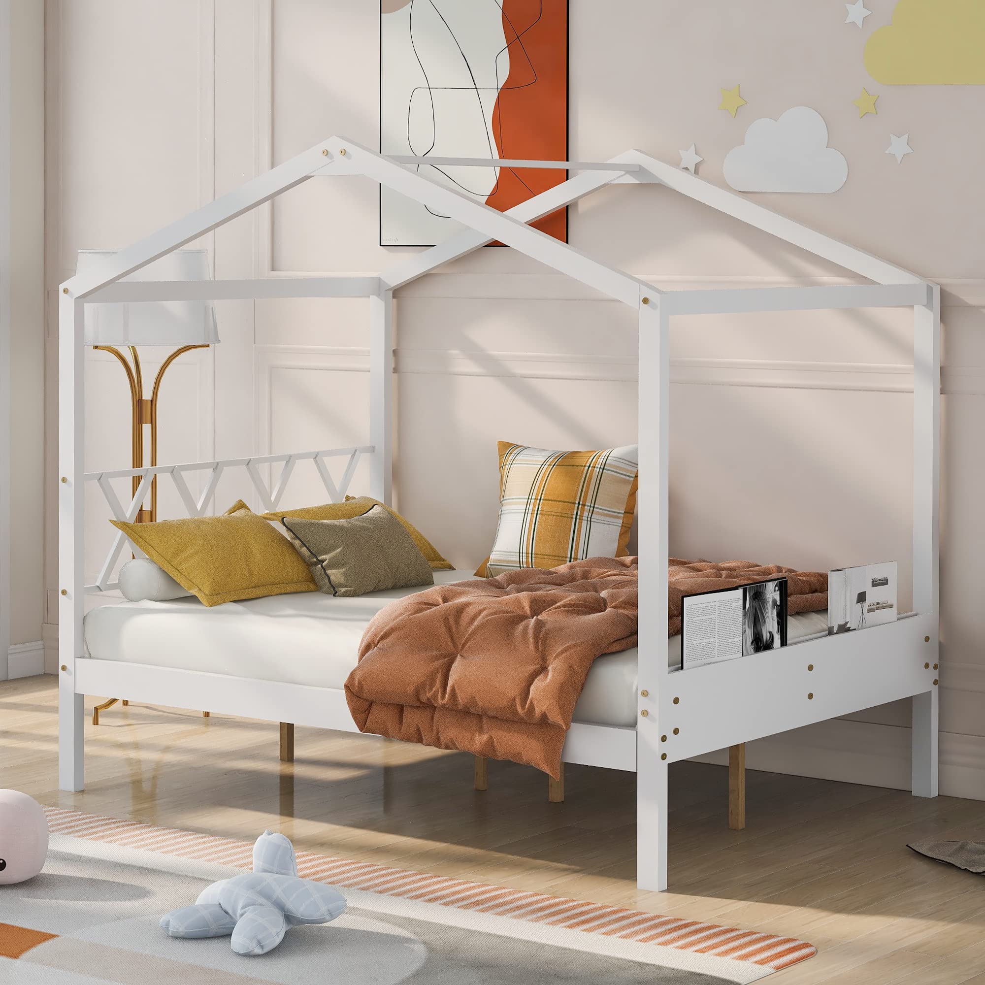 Merax Full Size Wooden House Bed with Storage & Roof - White Kids Bedroom Furniture for Playroom, Nursery, or Sleepover Fun
