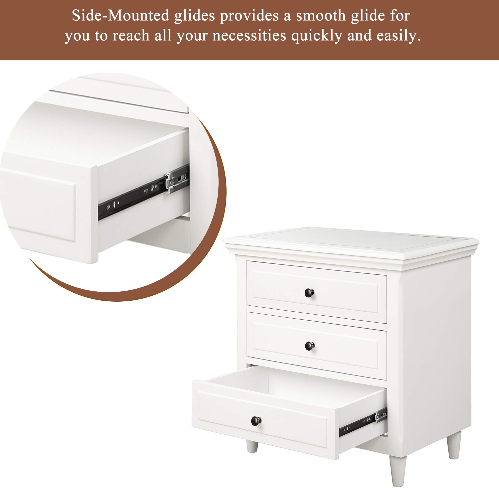 3 Drawer White Wood Nightstand - Fully Assembled Bedside Table with 3 Drawers, Dresser Side End Table Cabinet for Bedroom, Living Room & Office - Perfect for Storage & Home Decor