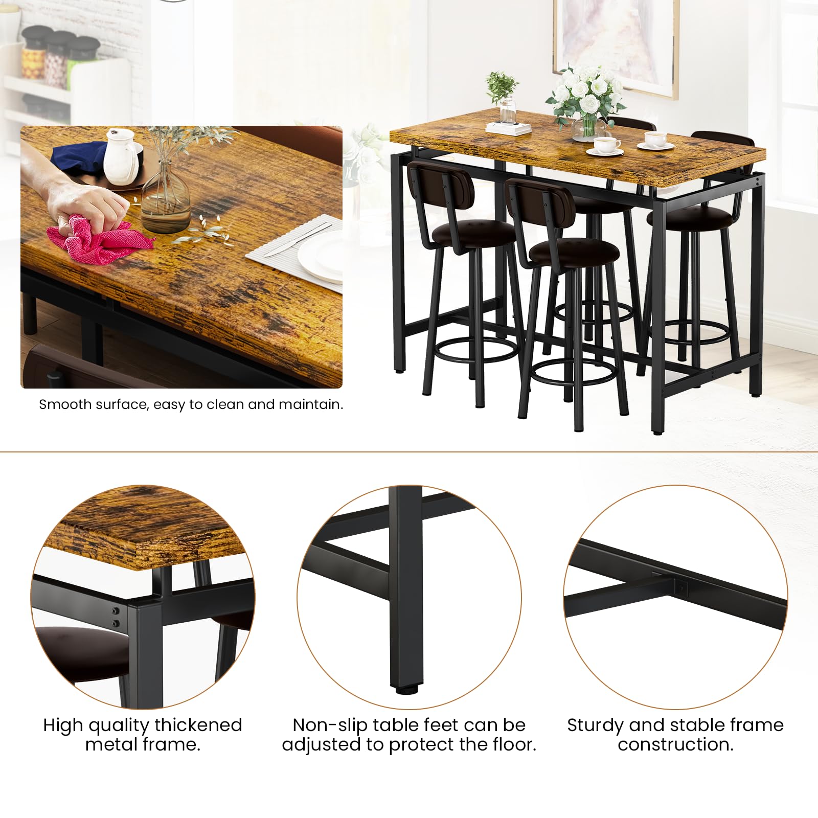 Recaceik 4-Piece Counter Height Dining Table Set with PU Leather Stools - Modern Kitchen & Breakfast Table for Small Spaces, Apartments, and Home Bars | Perfect for Entertaining, Casual Meals, and Compact Living Areas