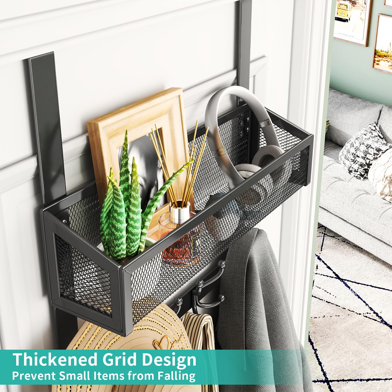 HapiRm Over The Door Hooks - 16 Hooks Stainless Steel Door Organizer for Towels, Coats, Bathroom & Kitchen Storage - Easy Installation with Basket - Black - Perfect for Dorm, Bedroom & Closet Organization