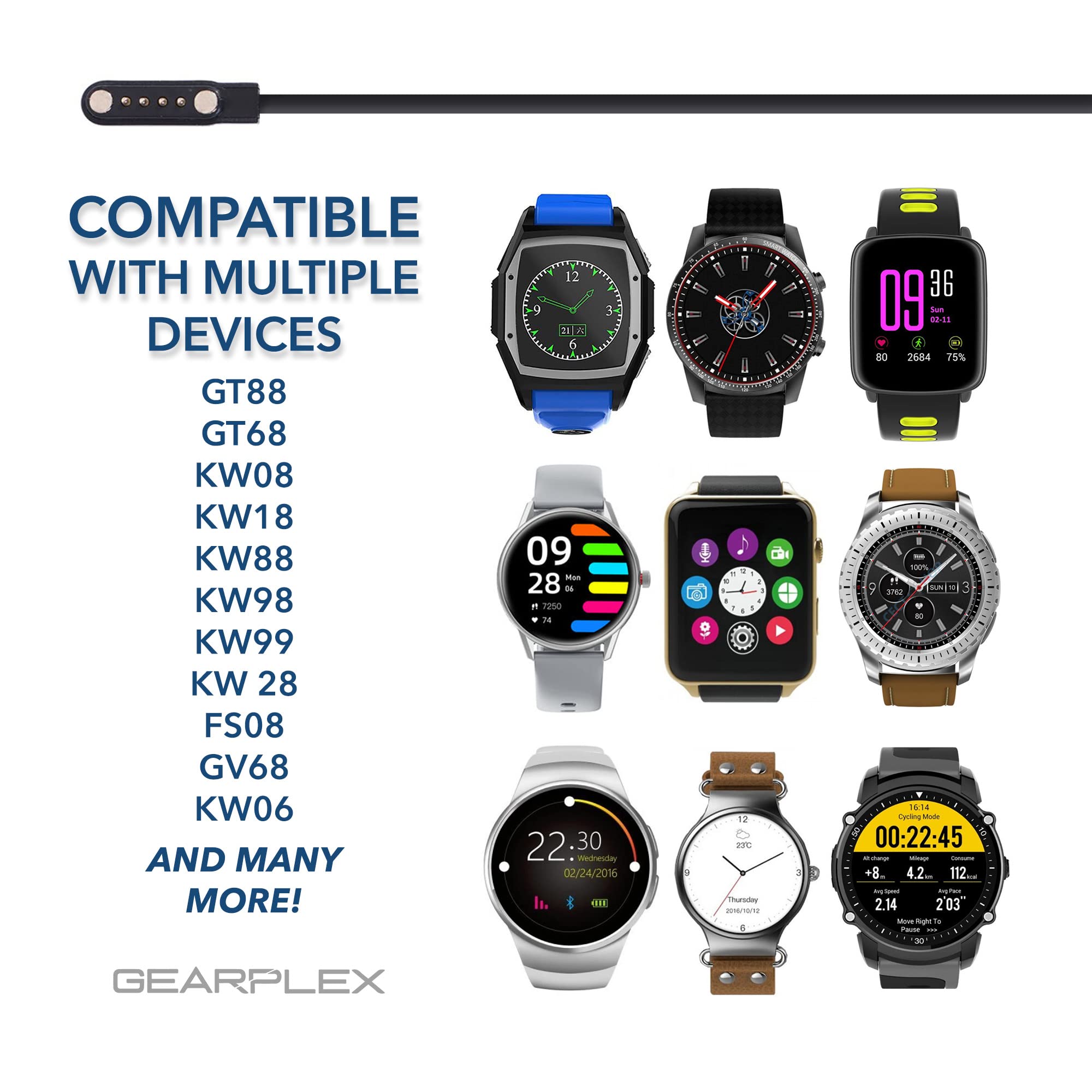 Magnetic Smart Watch Charger Cable - Fast Charging USB Type-A 7.62mm 4-Pin Connector - Compatible with Apple Watch, Samsung Galaxy Watch & Fitness Trackers (2 Pack) - Perfect for Home, Office & Travel Use