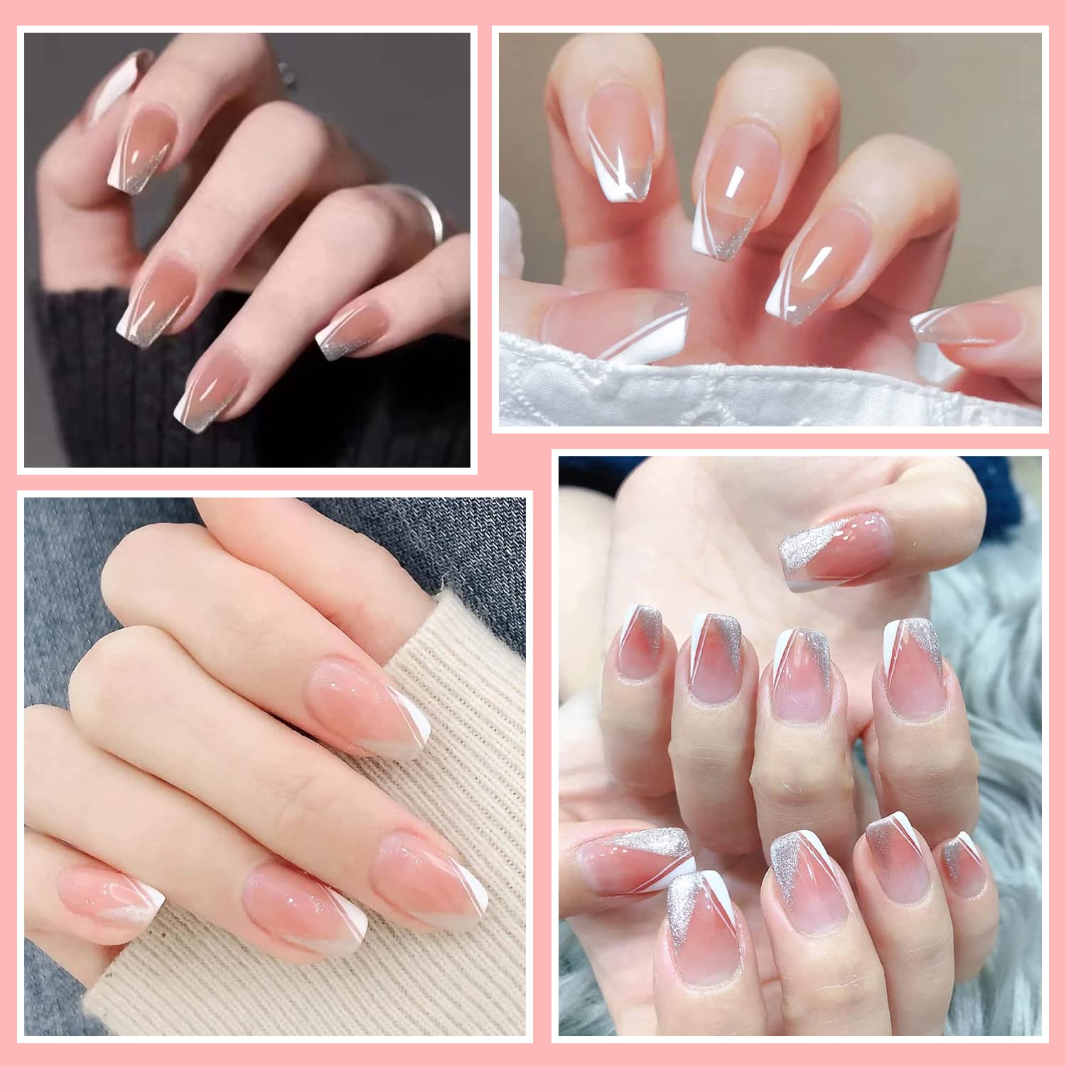 SILPECWEE 12 Sheets French Tip Nail Stickers - Glitter Nail Art Decals, Self-Adhesive 3D Nail Designs for French Manicure | Perfect for DIY Nail Art, Salon Use, Parties & Special Occasions