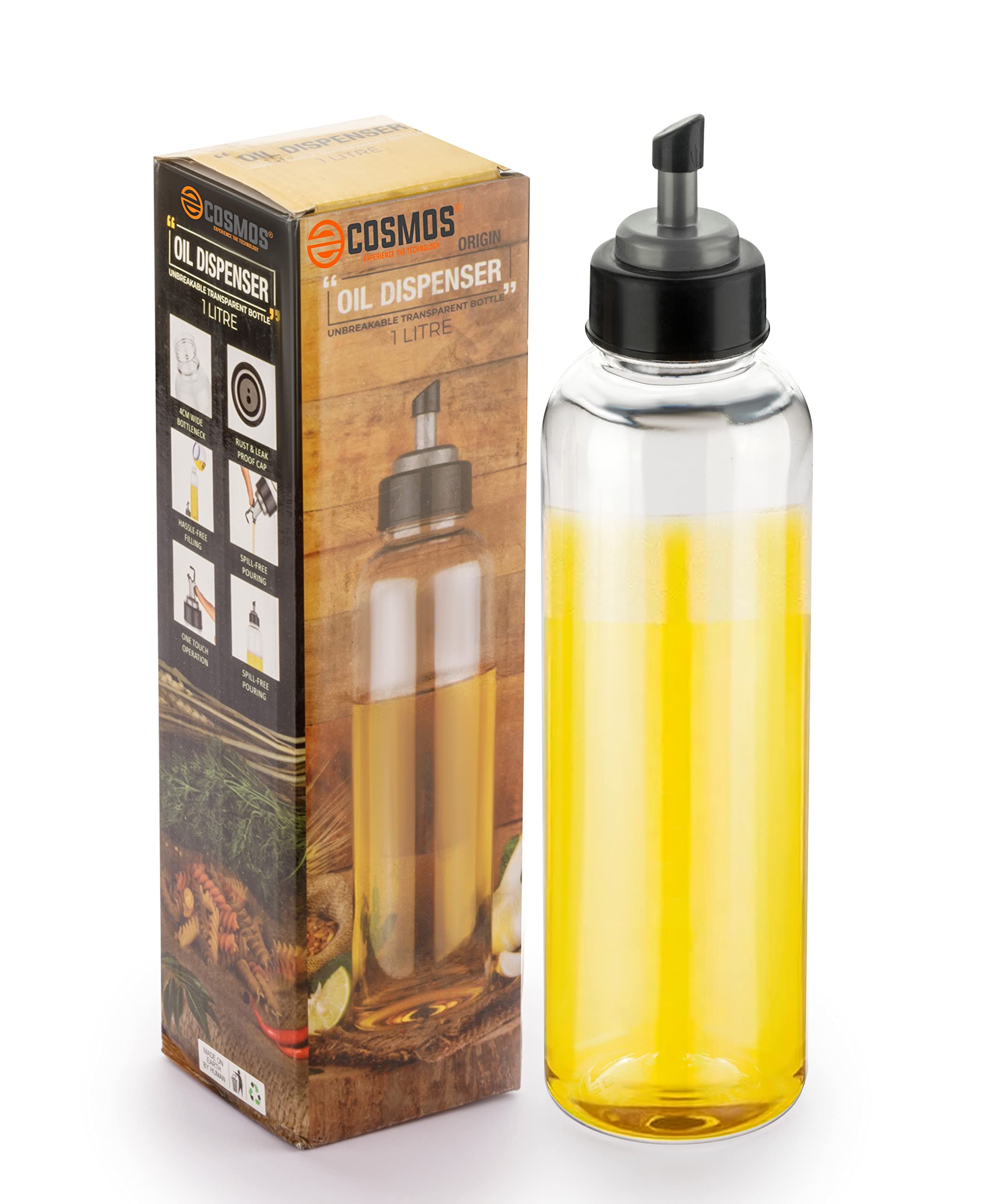 E-COSMOS 1 Liter Food-Grade Plastic Oil Dispenser Bottle for Cooking - Transparent, Unbreakable, Medium Size Oil & Vinegar Pourer with Easy Flow Control - Perfect for Kitchen, Restaurant, and Salad Dressing Use