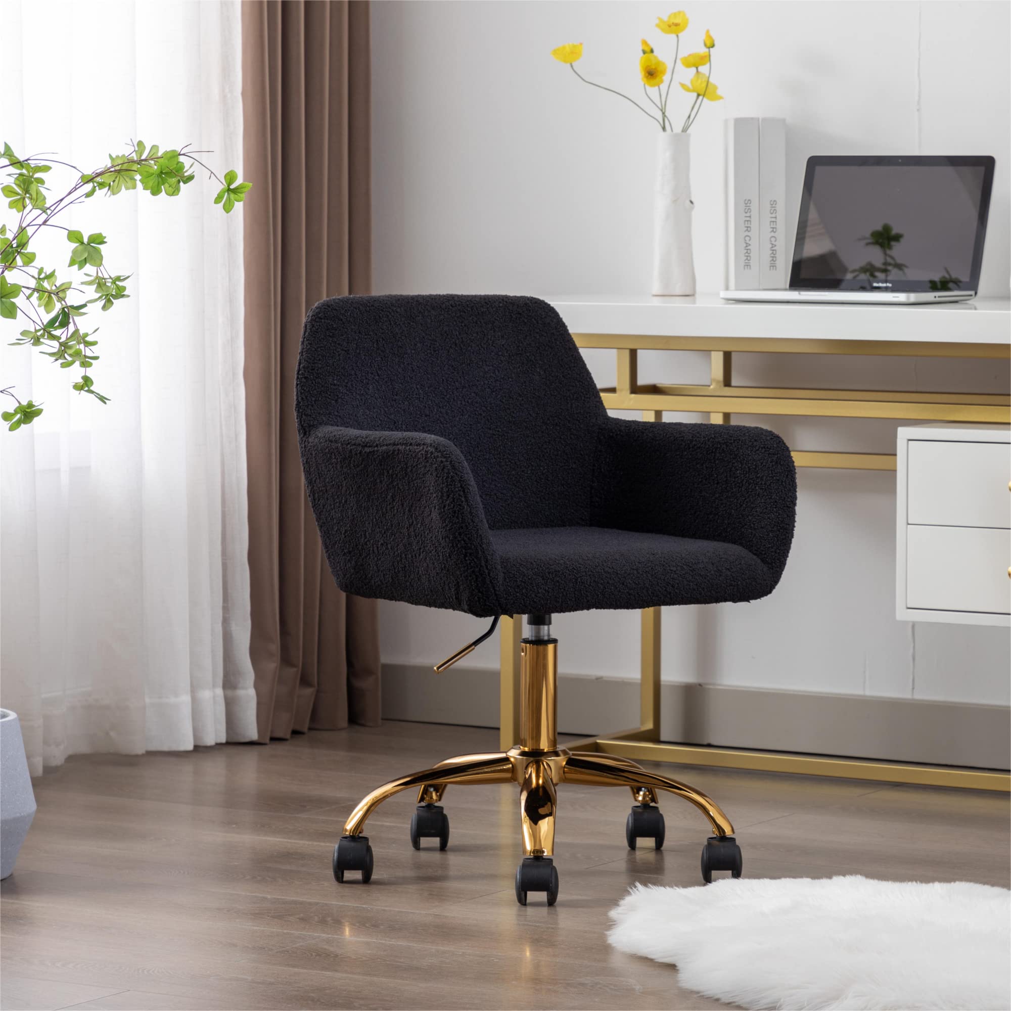 Black Vanity Desk Chair - Small Adjustable Swivel Chair with Golden Metal Legs for Bedroom, Makeup, Living Room, Home Office & Dressing Table - Modern Accent Chair for Women & Girls