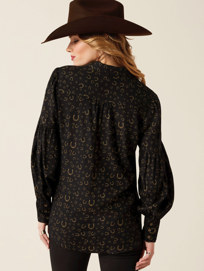 Ariat Women's Blinged Out Top with Golden Horseshoes Print - Stylish Black Western Shirt for Cowgirl Fashion & Rodeo Events