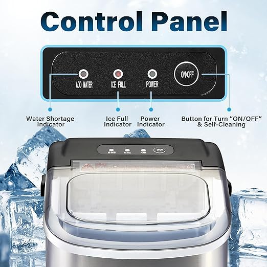 Simple Deluxe Countertop Ice Maker Machine - 6 Mins Fast Ice Making, 9 Bullet Ice Cubes, 26lbs Daily Output, 13.7lbs Capacity, Self-Cleaning with Handle & Accessories (Basket, Spoon) - Perfect for Home, Office, Parties & Outdoor Gatherings - Silver
