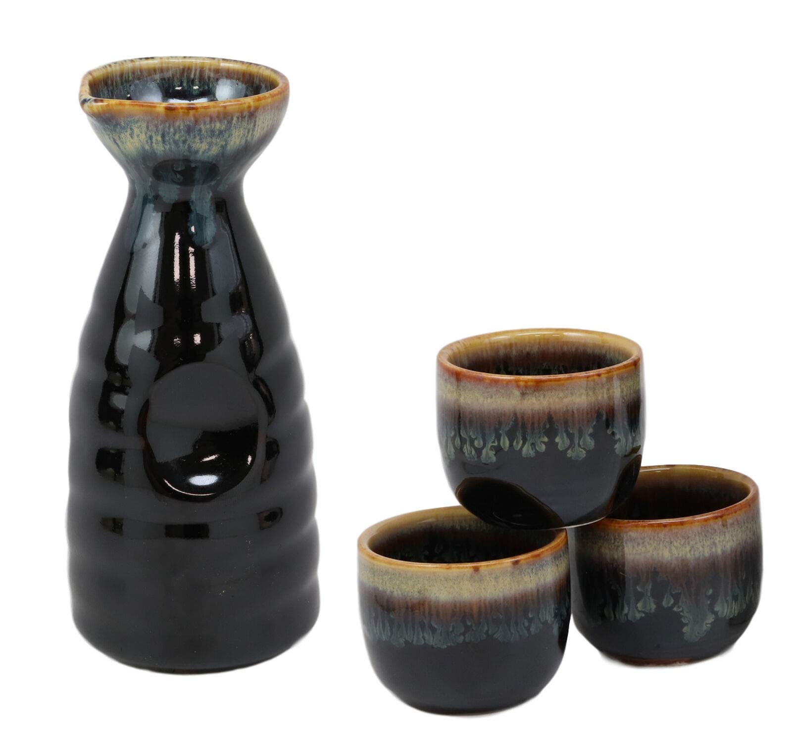 Premium Glazed Ceramic Japanese Sake Set - Traditional Brown & White Waterfall Tokkuri Flask with 3 Matching Cups | Perfect for Sake Tasting, Home Bar Decor & Asian Dining Experience