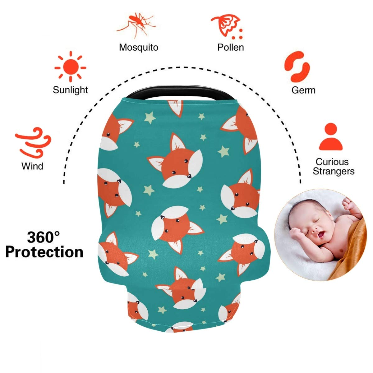 Adorable Fox Print Baby Car Seat Cover & Nursing Scarf - Stretchy Universal Car Seat Canopy, Stroller Cover for Infants (Boys & Girls) - Perfect for Travel, Breastfeeding, and Outdoor Protection