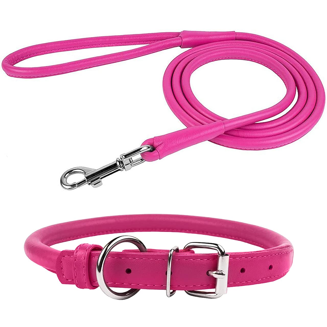 Premium Rolled Leather Dog Collar and Leash Set - Size L (14-16 Inch Neck) for Medium/Large Dogs - 6ft Strong Leash - Vibrant Pink Color - Perfect for Daily Walks, Training & Outdoor Adventures