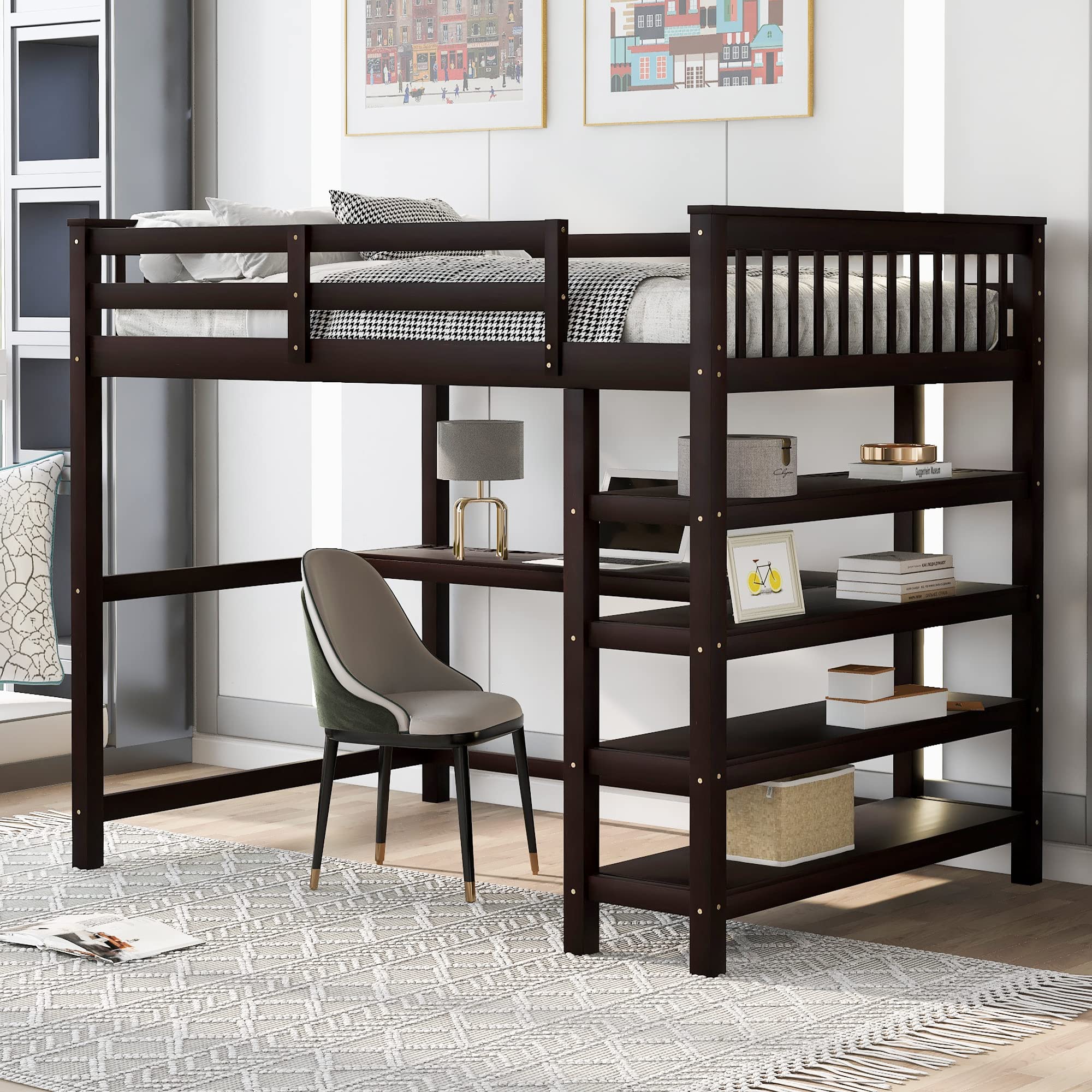 Bellemave Full Size Loft Bed with Desk & Storage Shelves - Solid Wood Loft Bed Frame for Teens & Adults - Space-Saving Bedroom Furniture for Small Rooms, Dorms & Apartments (Espresso)