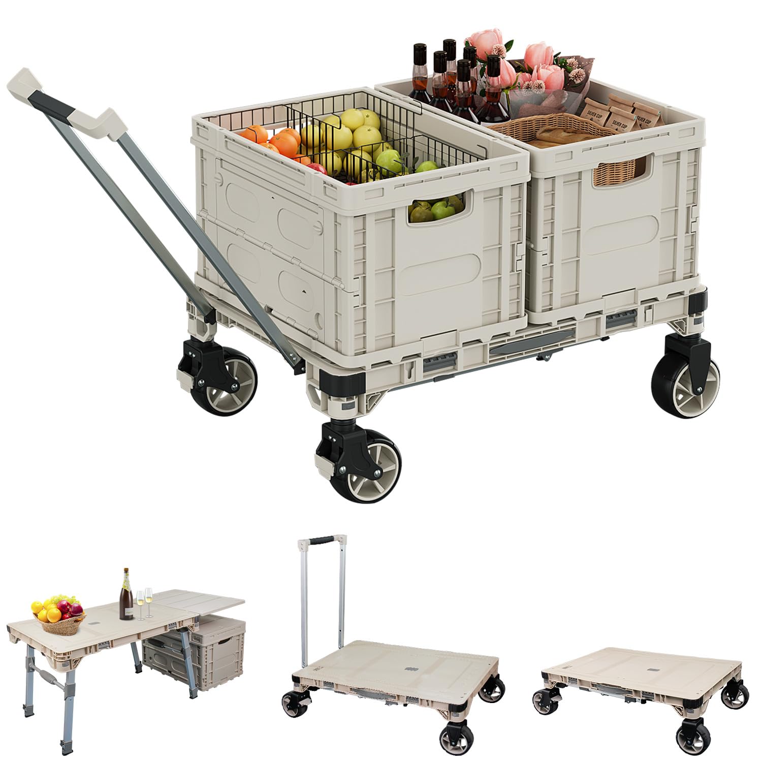 3-in-1 Folding Camping Wagon with Swivel Wheels - Portable Utility Cart for Outdoor, Picnic, Shopping & Travel | Multi-Purpose Platform Truck with 2 Crates | Perfect for Camping Trips, Beach Days & Grocery Hauling