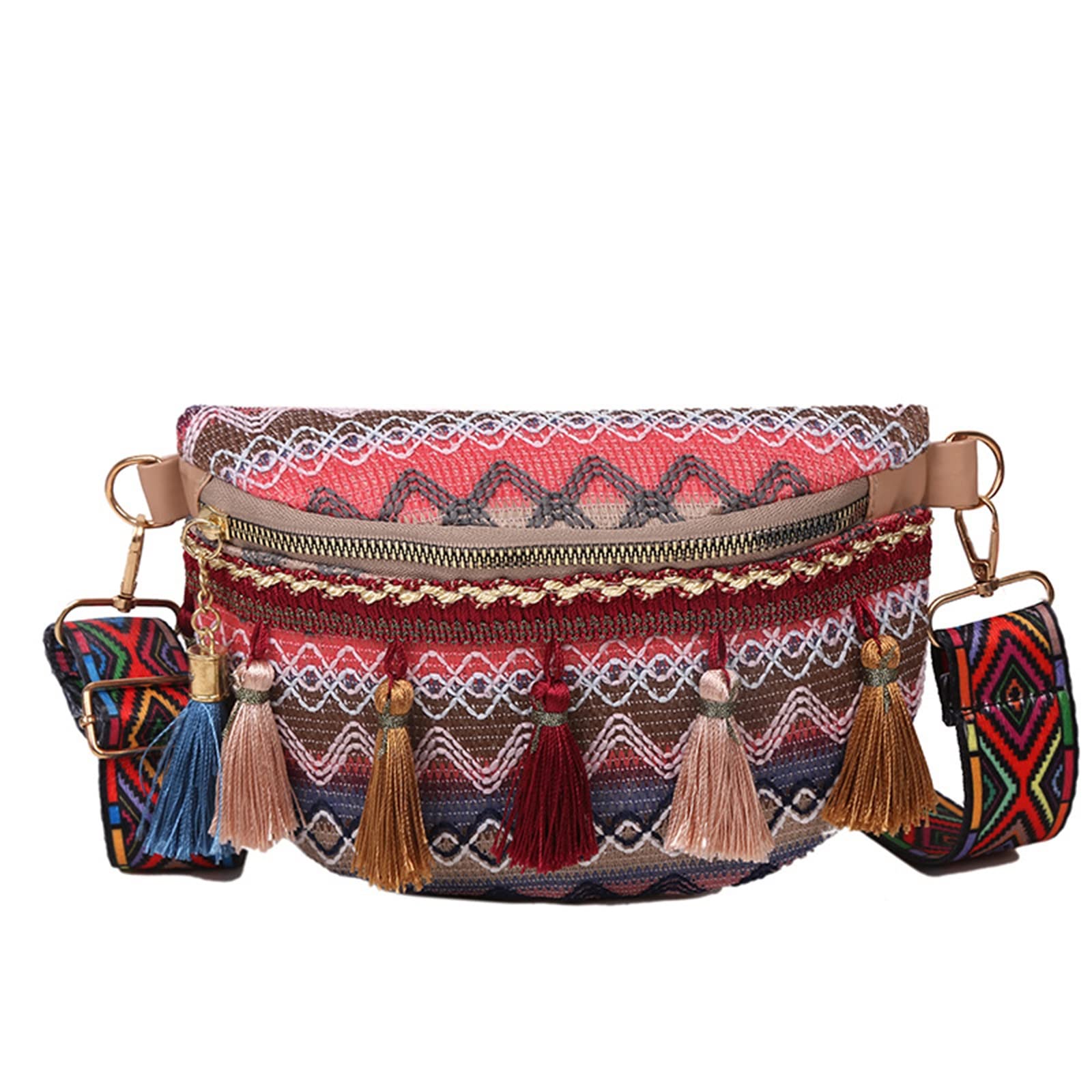 Women's Folk Style Fanny Pack Belt Bag with Adjustable Strap - Woven Colorful Fringe Crossbody Waist Bag (Red) | Perfect for Music Festivals, Travel & Outdoor Activities