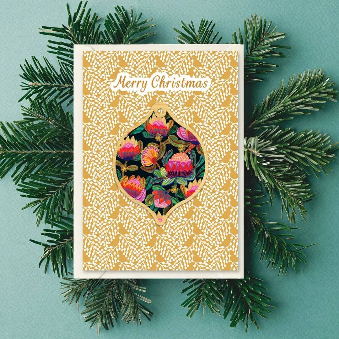 Protea Australis Christmas Card & Wooden Ornament Set - Handmade Holiday Greeting Card with Wooden Floral Decor - Perfect for Christmas Tree Decorations, Gift Exchanges & Festive Home Decor