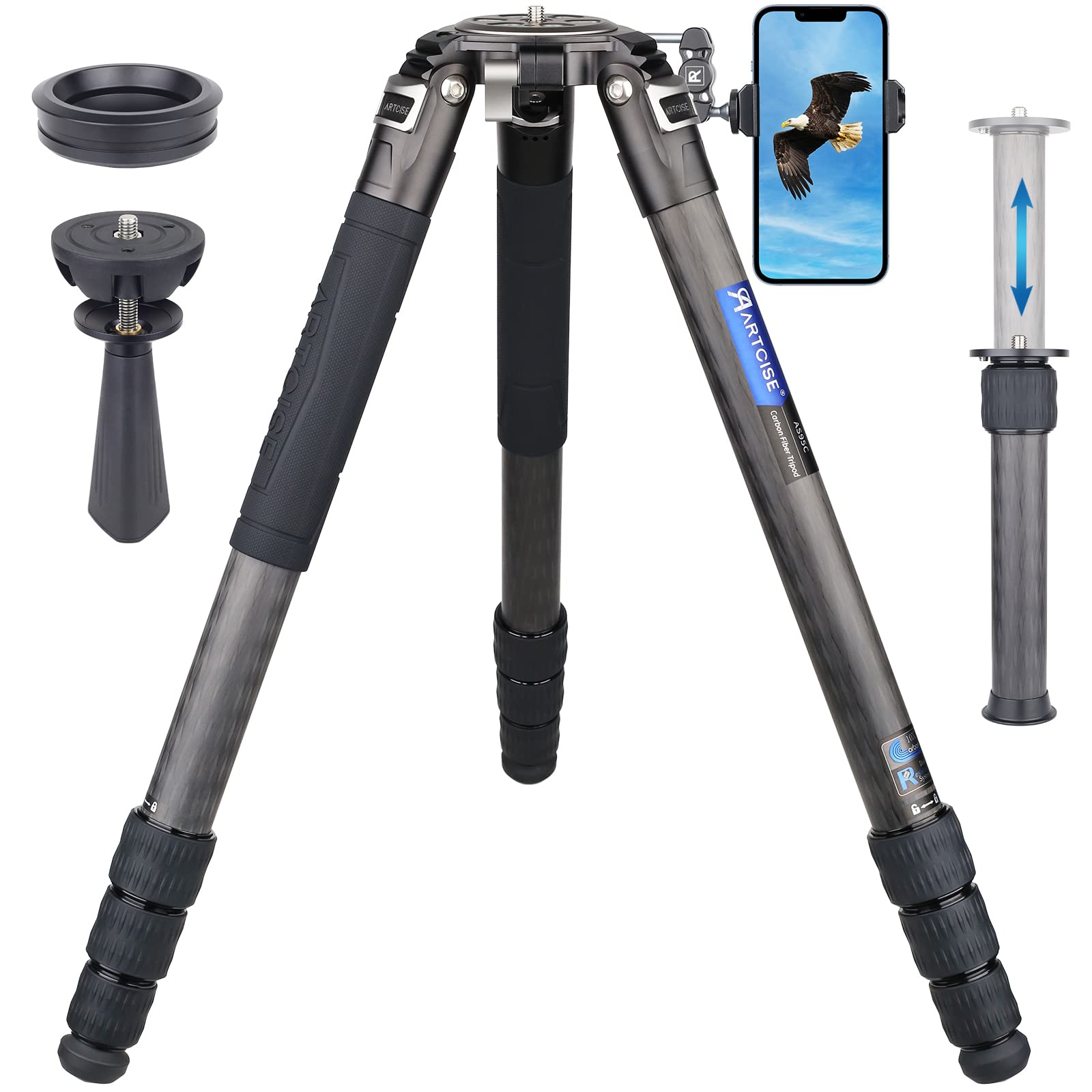 10 Layers 40mm Carbon Fiber Tripod with External Center Column - Ultra Stable Professional Heavy Duty Carbon Bowl Tripod for DSLR Cameras - CNC Cellphone Clip & Aluminum Magic Arm Kit - Max Load 88 Lbs/40kg - Perfect for Outdoor Photography, Studio Shoots, and Travel Videography