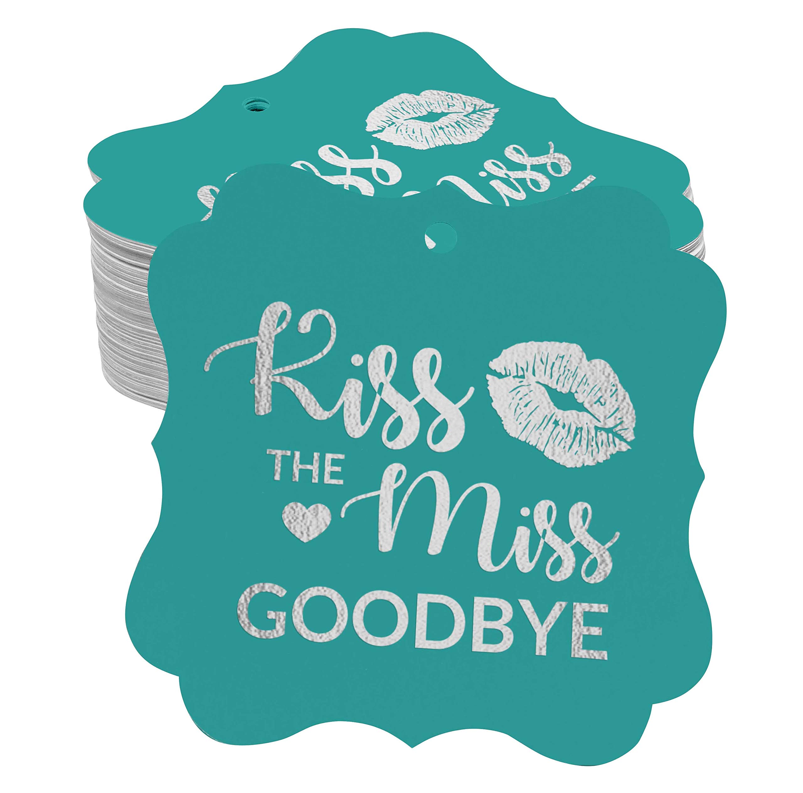 100pcs Silver Foil Kiss The Miss Goodbye Bridal Shower Favor Tags - Elegant Bracket Shape Hanging Paper Tags for Wedding, Bachelorette Party & Bridal Shower Decorations