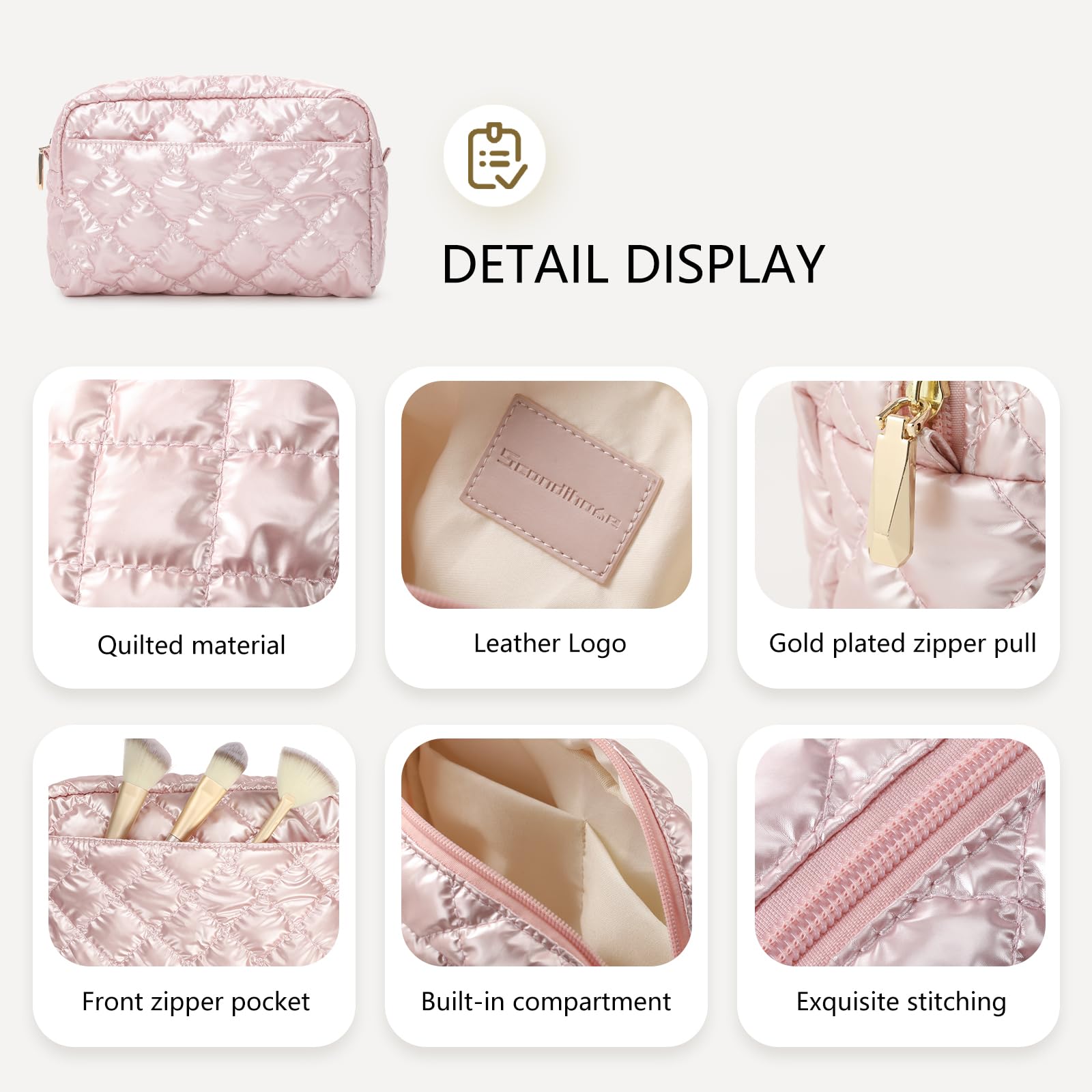 Waterproof Quilted Travel Cosmetic Bag with Zipper - Portable Makeup Organizer Pouch for Women, Puffer Toiletry Bag for Daily Use & Travel, Classy Gift Idea (Pink) - Perfect for Gym, Vacation, Business Trips & On-the-Go Touch Ups