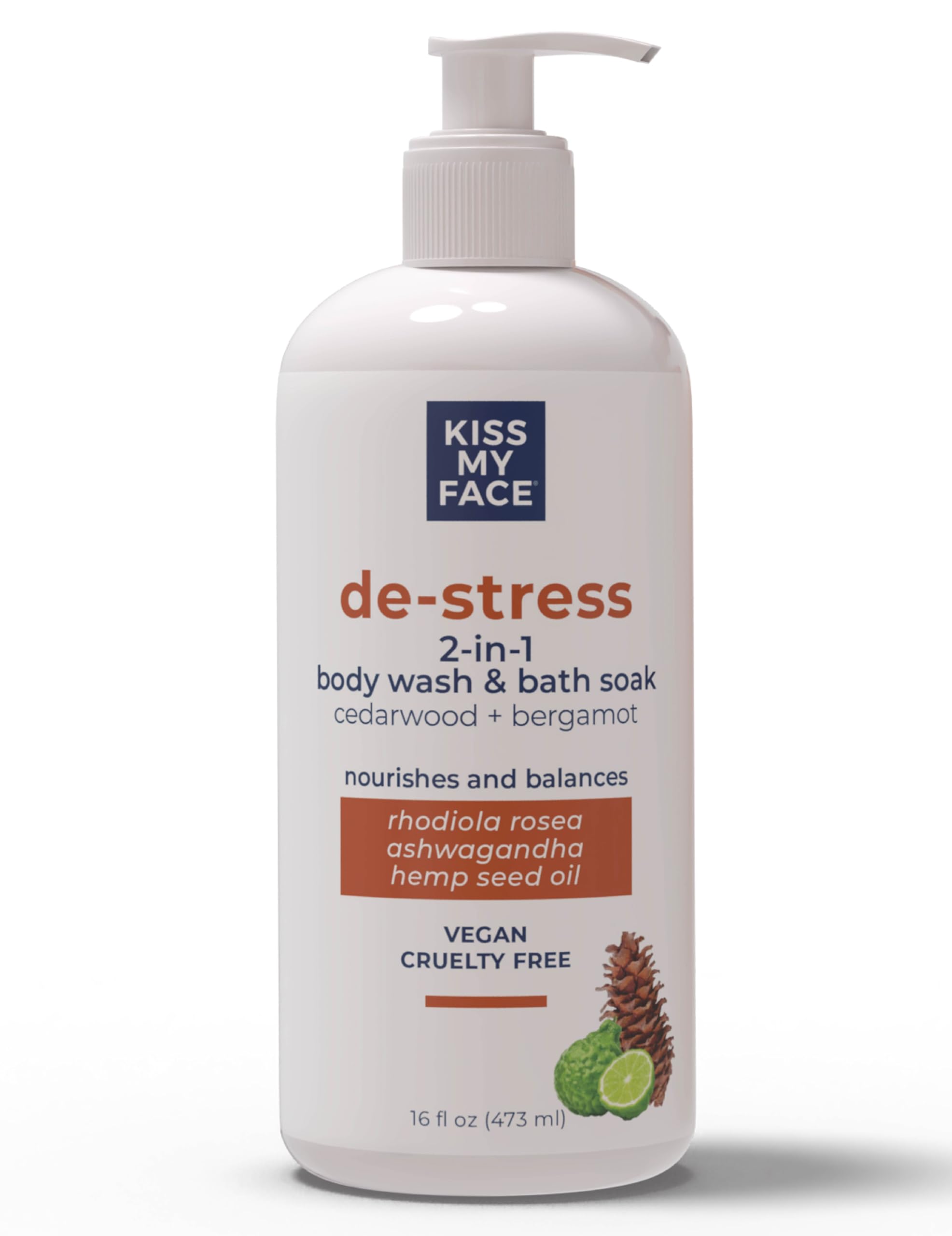 Kiss My Face De-Stress 2-in-1 Body Wash & Bath Soak - Vegan Cedarwood Bergamot Scent - 16 oz Pump Bottle | Relaxing Aromatherapy for Stress Relief & Self-Care Bath Time