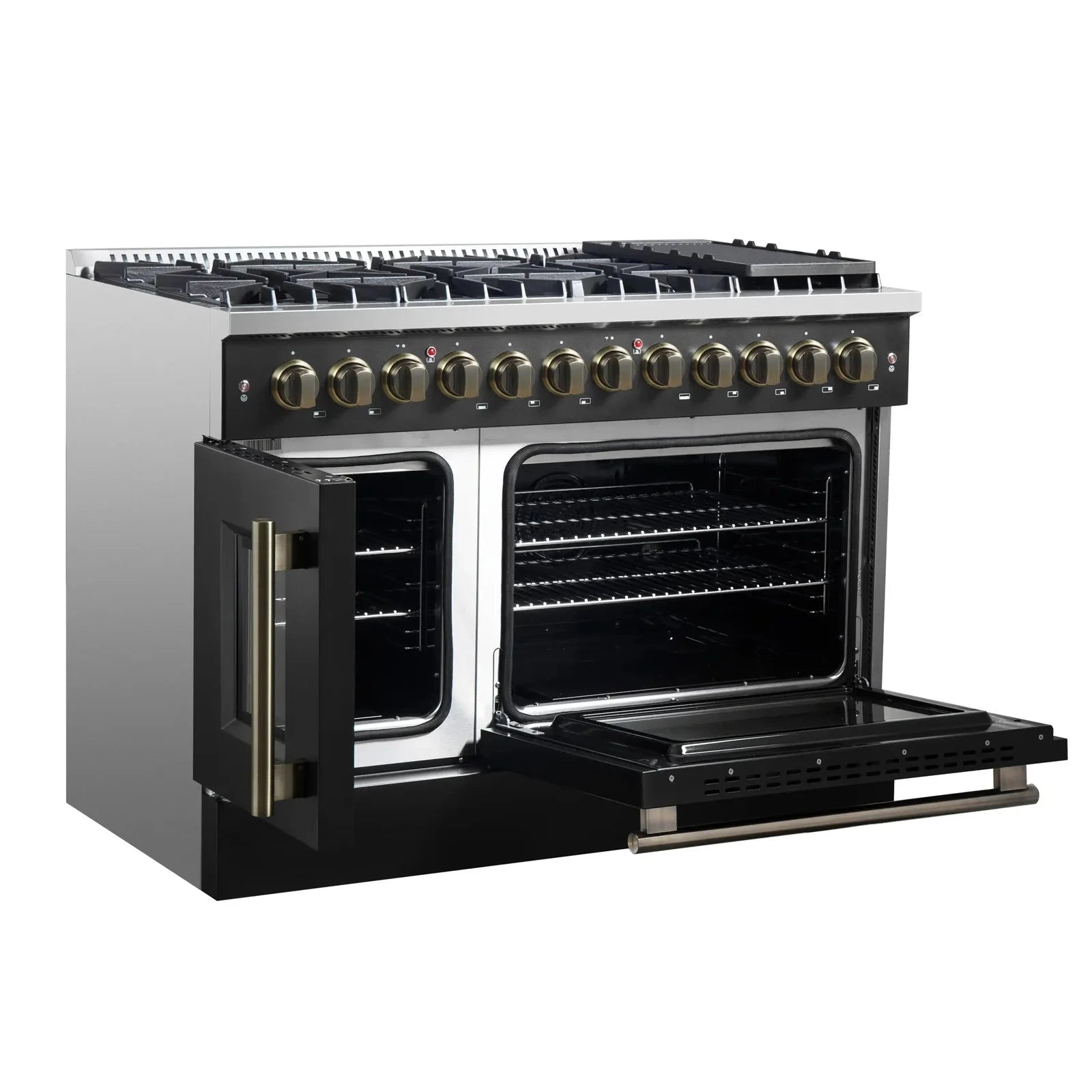 Forno Galiano 48-Inch French Door Dual Fuel Range with 8 Burners & Electric Convection Oven - Black Antique Brass Trim (Model FFSGS6356 48BLK) | Perfect for Professional Kitchens & Luxury Home Cooking