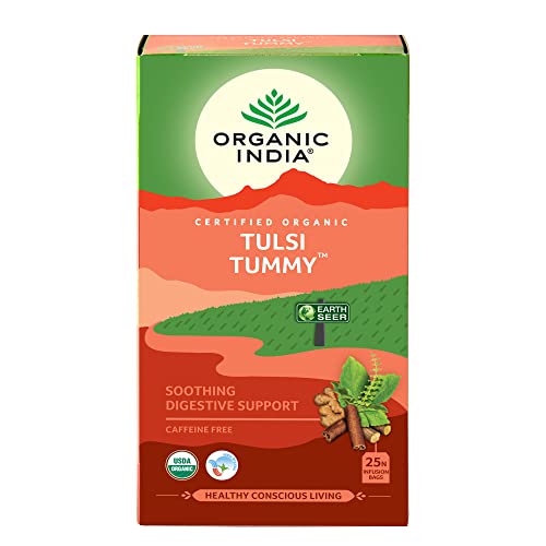 Organic India Tulsi Tummy Tea for Digestion & Bloating Relief - 25 Herbal Tea Bags - Supports Gut Health & Relaxation - Perfect for After Meals & Stressful Days