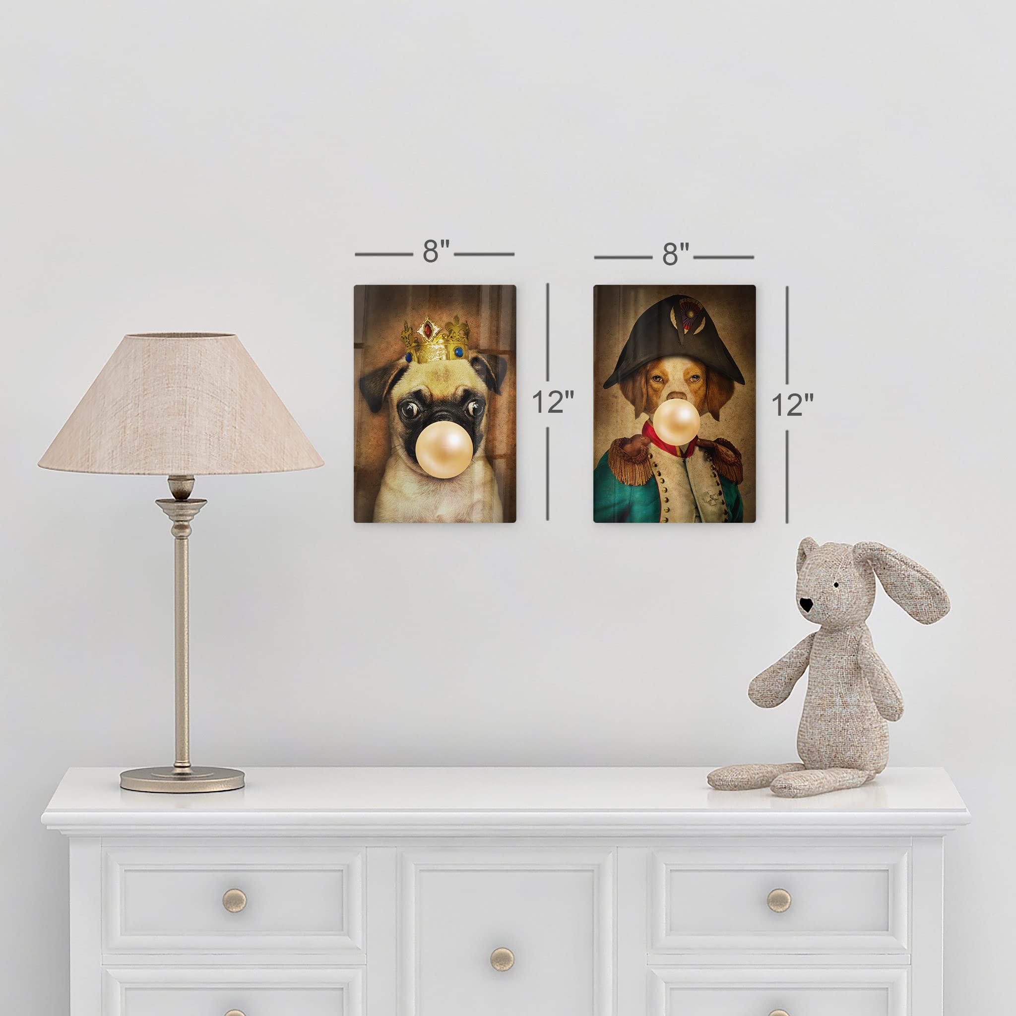 King Pug & Epagneul Breton Dog Portrait Metal Wall Art Set - Crowned Pug Chewing Bubble Gum, 2-Piece Animal Decor for Living Room, Bedroom, Nursery (17x11 Inches) - Perfect for Pet Lovers' Home & Kids Room Wall Decoration