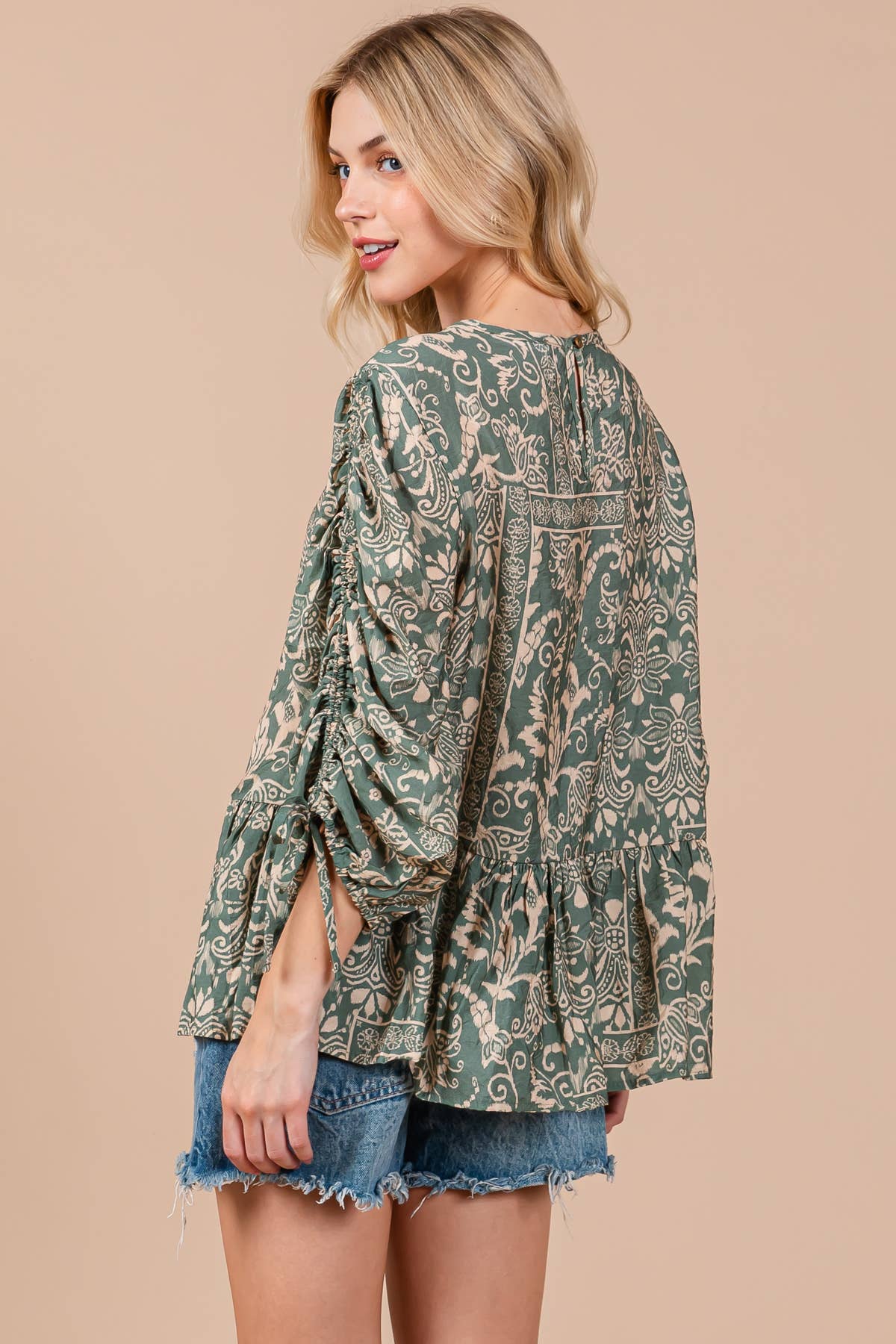 Boho Abstract Quarter Sleeve Top for Women - Sage Green Flowy Blouse in Sizes S M L XL - Perfect for Casual Outings, Music Festivals & Beach Vacations