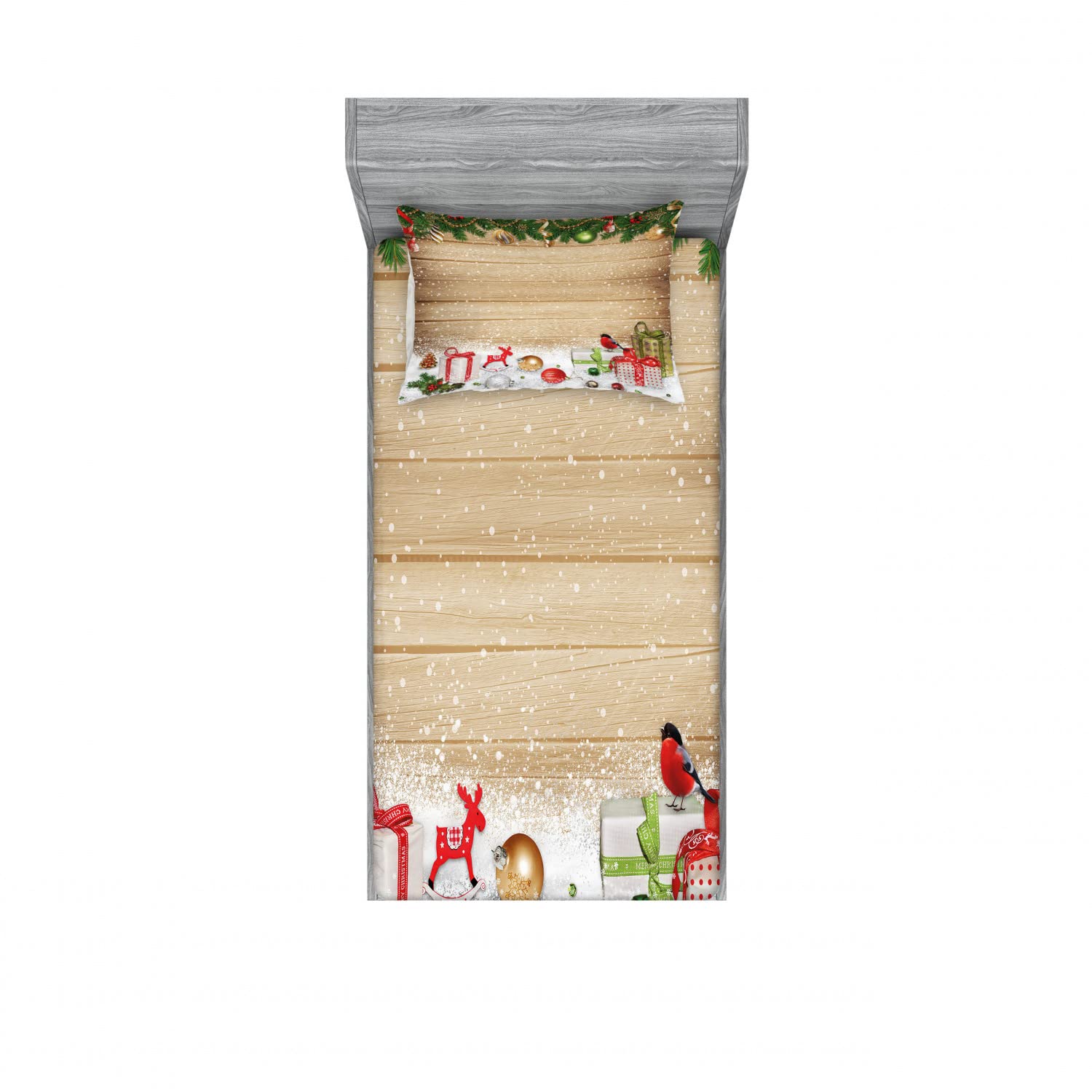 Ambesonne Christmas 2-Pack Twin Size Fitted Sheet & Pillow Sham Set - Pine Wood Planks Snow Design, 4-Piece Holiday Bedding Decor (2 Fitted Sheets + 2 Pillow Covers) - Perfect for Winter Bedroom, Guest Room & Christmas Home Decor