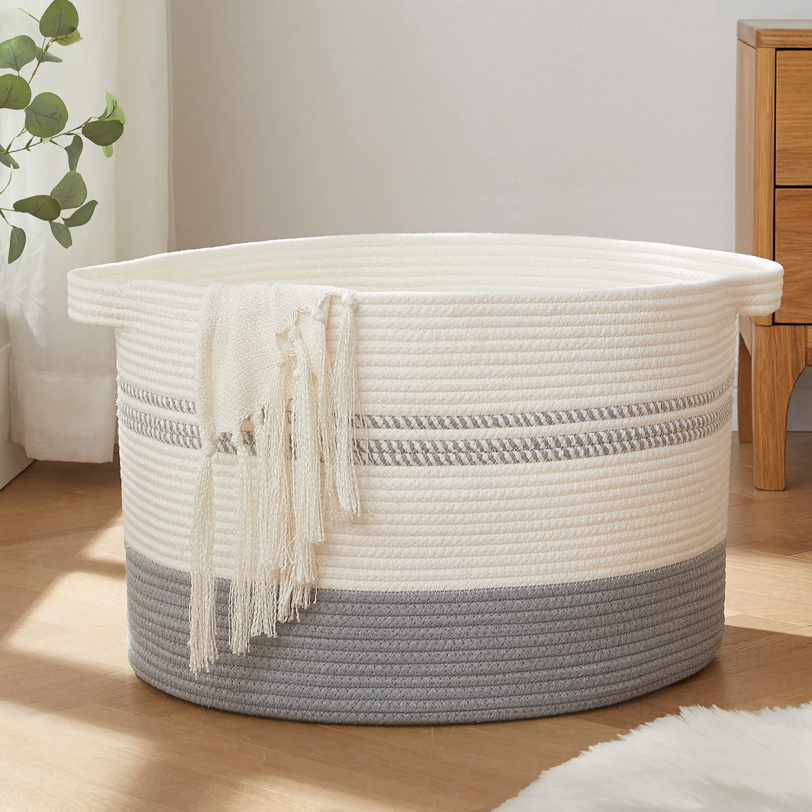 OIAHOMY 20x20x13 Inches Cotton Rope Storage Basket with Handles - Woven Laundry Basket, Blanket Organizer, Baby Toy Bin - Perfect for Nursery, Bathroom & Home Organization