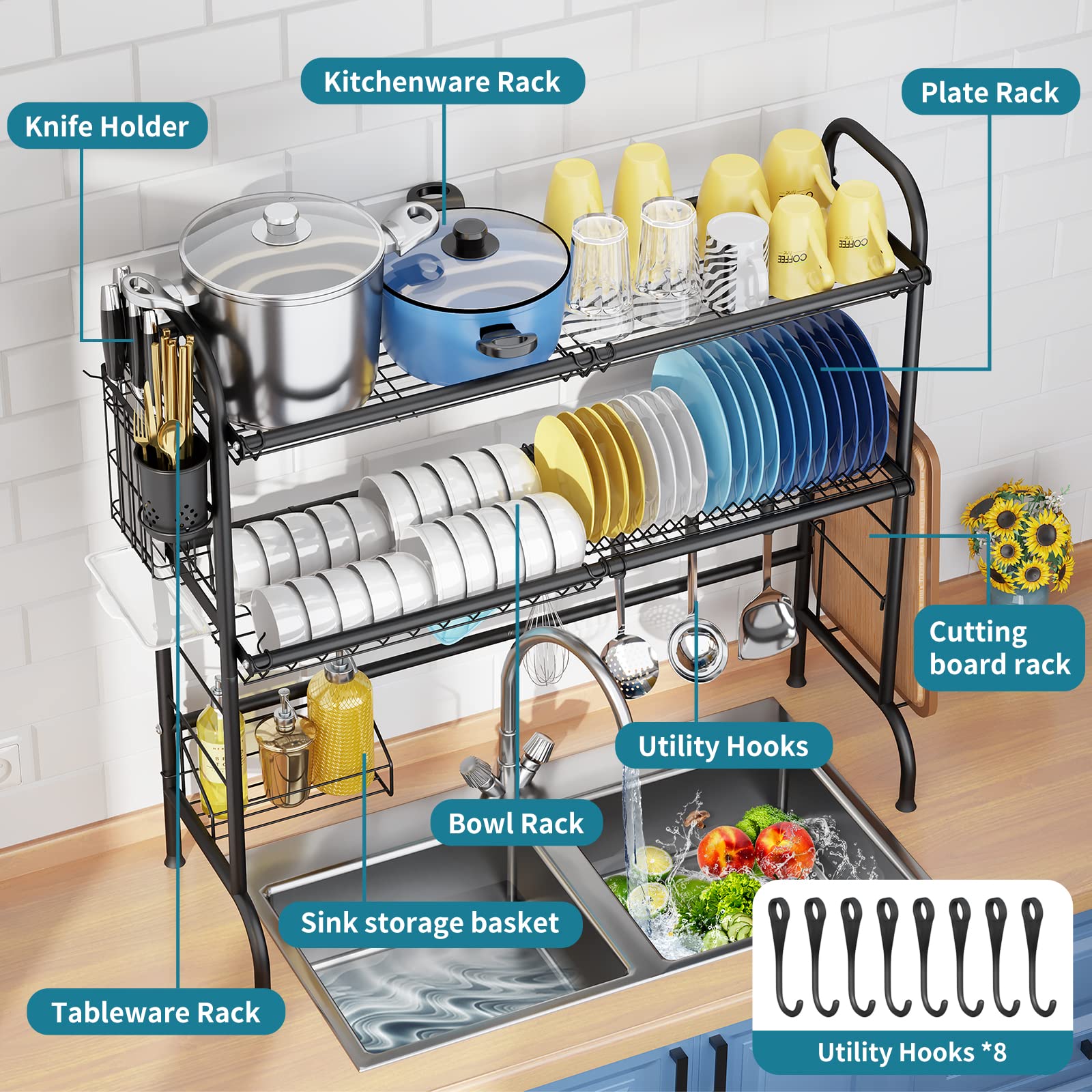 HOWDIA 3-Tier Stainless Steel Over The Sink Dish Drying Rack with Utensil Holder | Large Kitchen Counter Dish Drainer for Plates, Cups & Cookware | Space-Saving Solution for Small Kitchens & Apartments