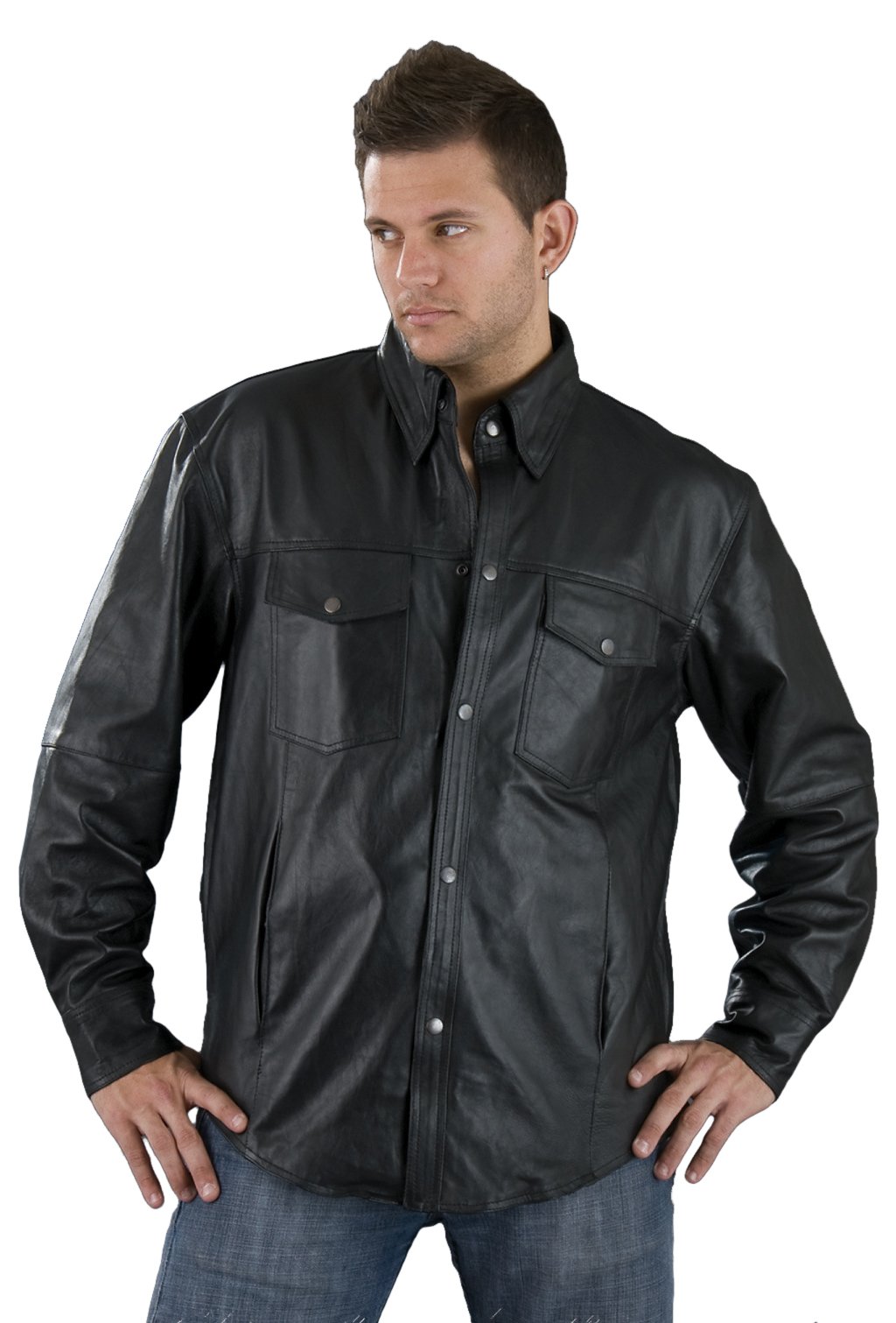 Men's Lambskin Leather Shirt with Snap Down Collar | Premium Genuine Leather Jacket for Men | Casual & Motorcycle Riding Outfit