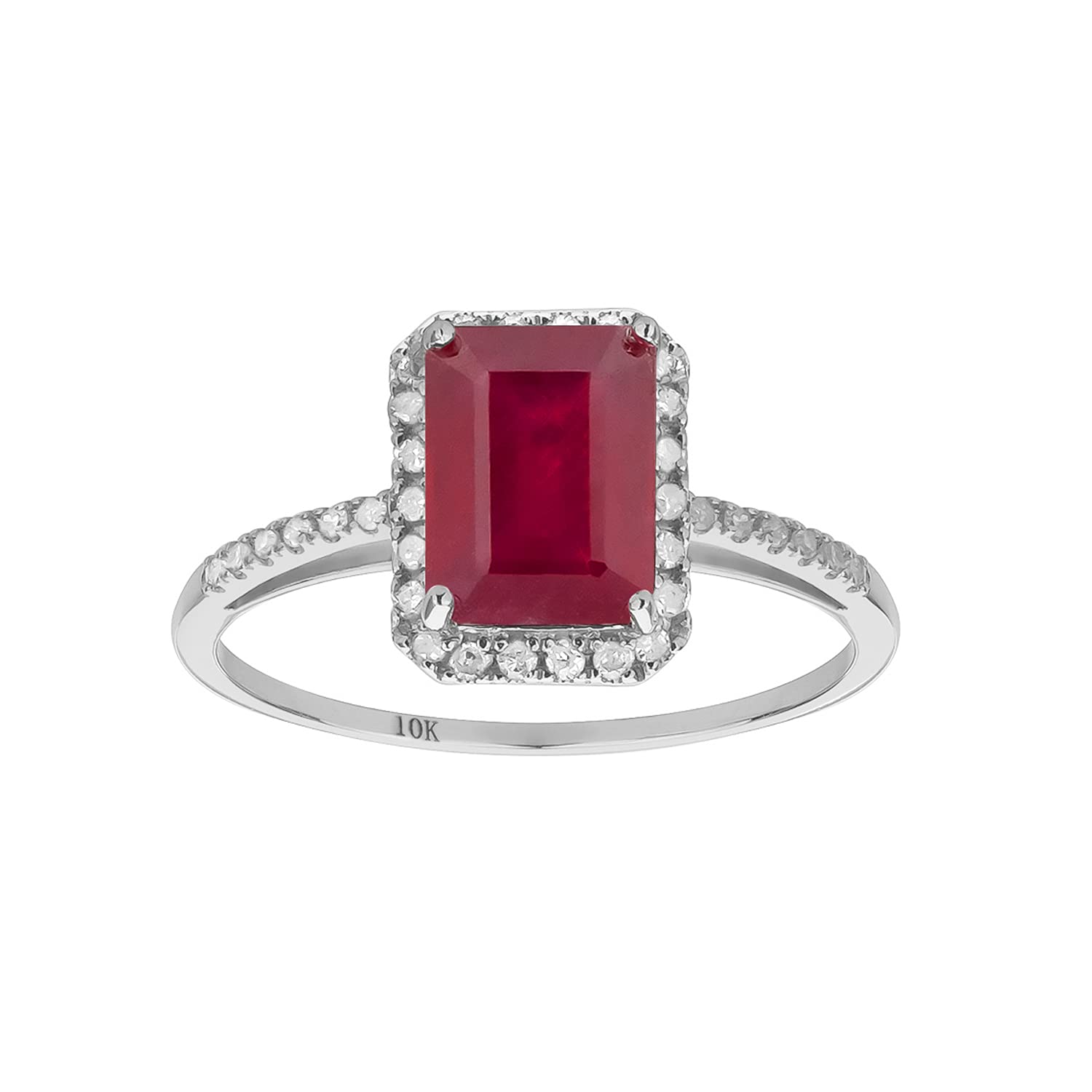 10K White Gold Genuine Emerald-Cut 2.25ct Ruby & Diamond Halo Engagement Ring for Women - Perfect for Weddings, Anniversaries & Special Occasions