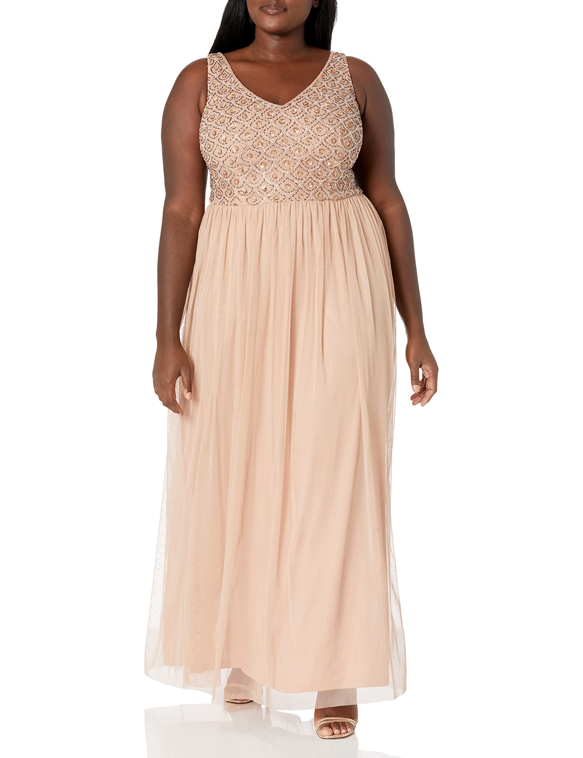 Adrianna Papell Women's Sleeveless Beaded Evening Gown - Long Tulle Ball Gown with Sparkling Bodice for Prom, Wedding & Formal Events