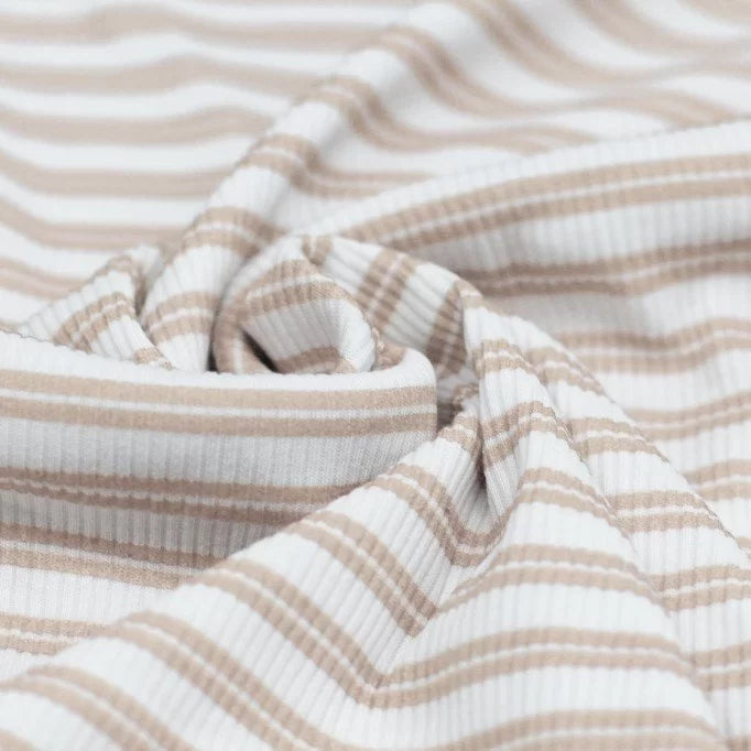 Double Stripe Light Beige Ribbed Knit Sweater - Women's Casual Pullover for Fall & Winter | Cozy Office Wear & Weekend Outfits