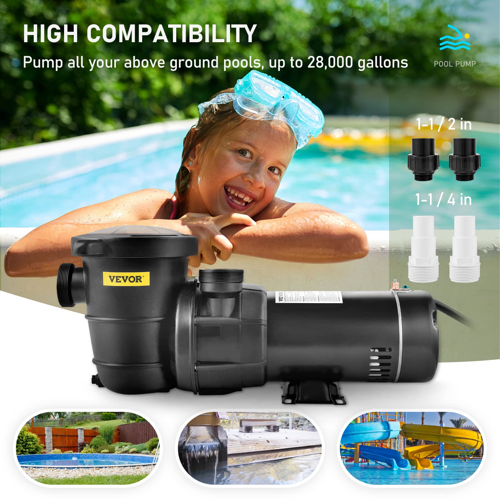 VEVOR 1.5HP 115V 1100W Above Ground Swimming Pool Pump - Single Speed, Powerful 5280 GPH Max Flow with Strainer Filter Basket, ETL Certified - Perfect for Inground & Above Ground Pools, Backyard Water Features & Pool Maintenance