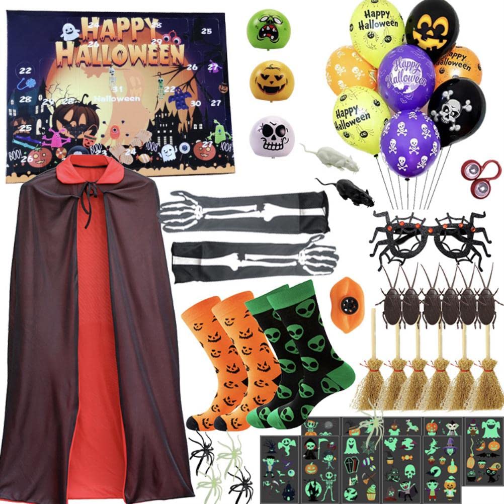 2022 Halloween Countdown Advent Calendar - 24 Days Spooky Surprise Box with Kids Blind Bags, Spider Socks, Balloons, Broom Tattoos & Cosplay Props - Perfect for Halloween Party Favors, Trick-or-Treat Gifts & Costume Accessories