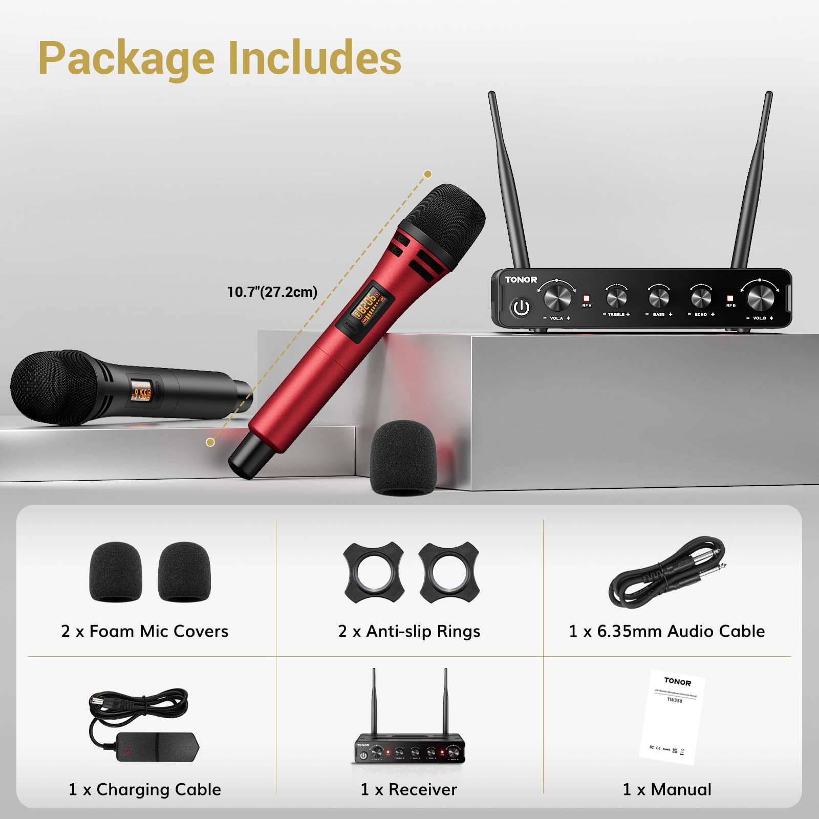 TONOR Wireless Microphone System - UHF Cordless Karaoke Mic with Receiver, Handheld Dynamic Microphone Kit for Singing, Church, Events (200ft Range, Adjustable Frequencies, Black & Red) - Perfect for Home Karaoke, Live Performances, and Public Speaking