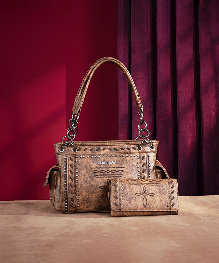 Montana West Whipstitch Studs Concealed Carry Satchel Purse - Stylish Women's Leather Crossbody Bag for Everyday Use, Travel & Work