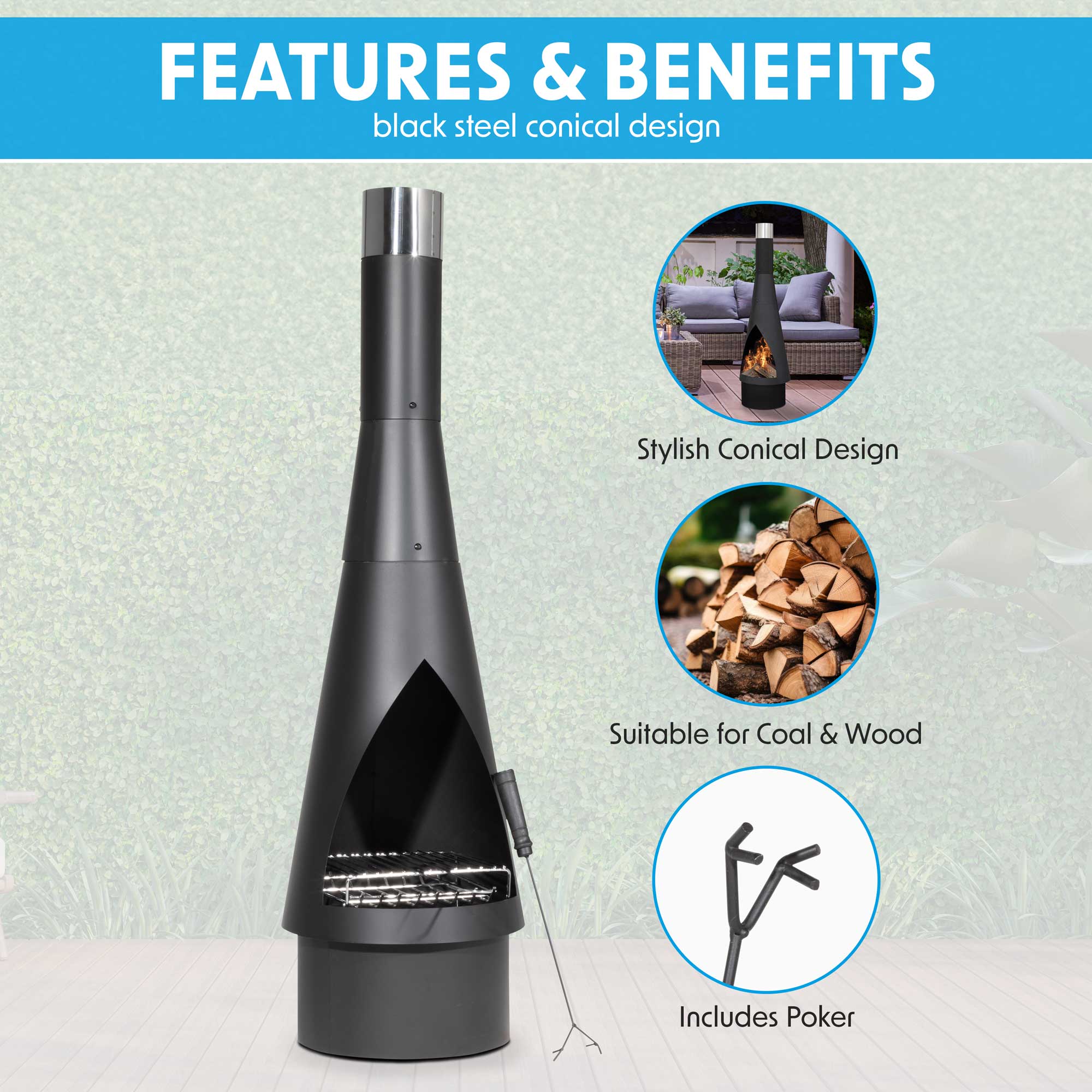 Black Steel Outdoor Chiminea Fireplace - Portable Fire Pit for Backyard, Patio & Camping | DG109 Model | Perfect for Relaxing Evenings & Outdoor Gatherings
