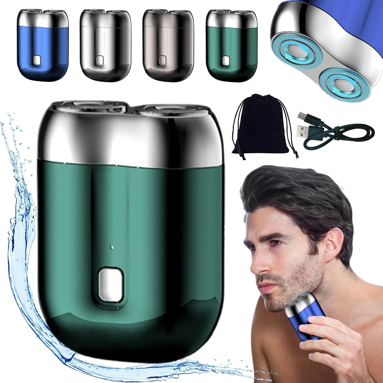 Portable Mini Electric Shaver for Men - USB-C Rechargeable, IPX7 Waterproof, Dual Head Wet/Dry Shaving - Home & Travel Use, Silver (Ideal for Business Trips, Gym, and Daily Grooming)