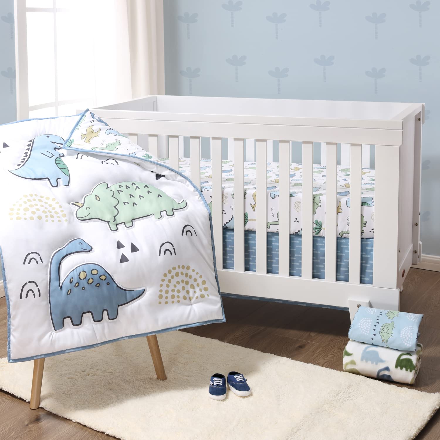 Peanutshell 5-Piece Blue Dinosaur Baby Crib Bedding Set for Boys - Soft Fitted Crib Sheets, Blanket & Dust Ruffle Comforter - Newborn, Infant & Toddler Nursery Decor - Perfect for Baby Showers & Nursery Themes