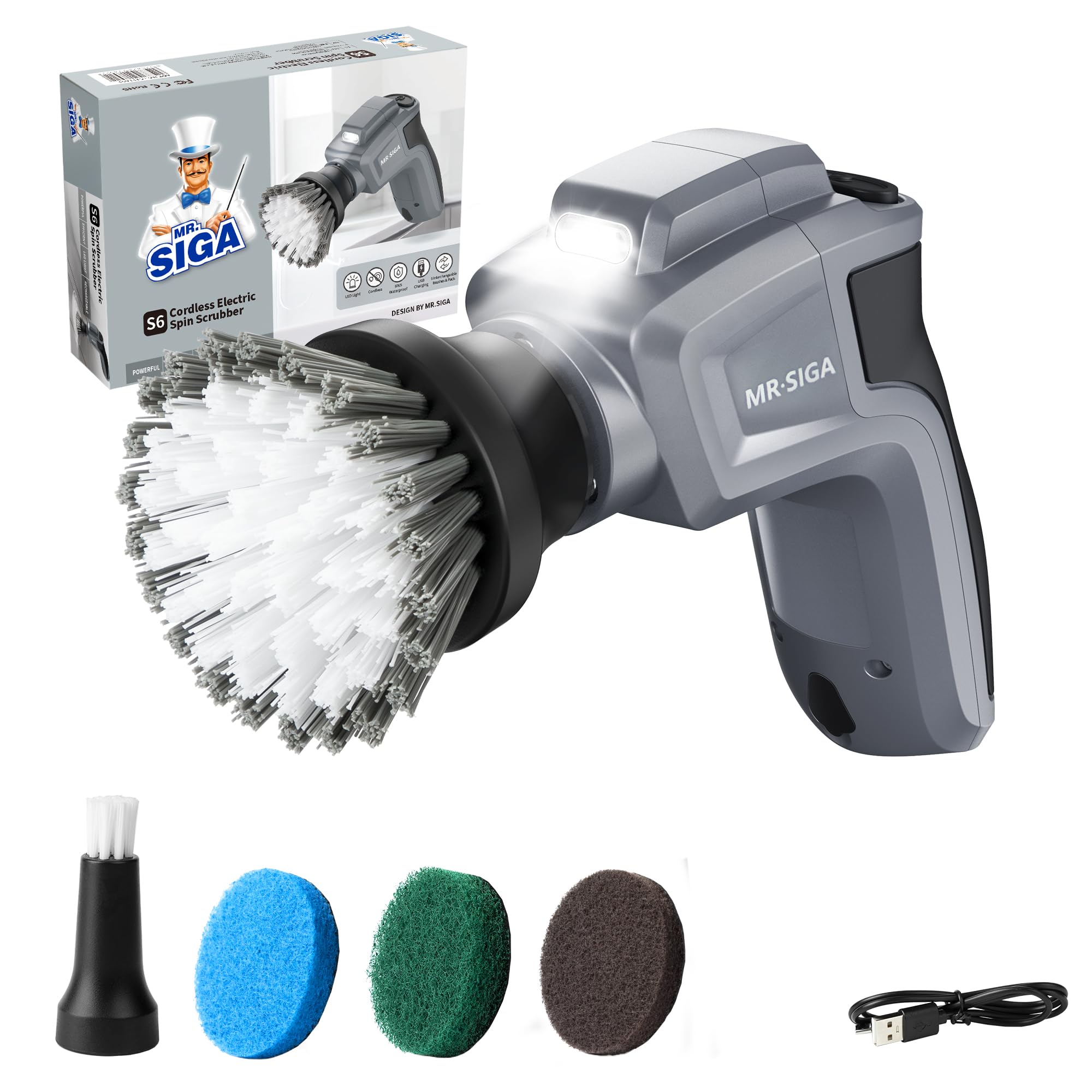 MR.SIGA Electric Spin Scrubber - Cordless Rechargeable Power Scrubber with 5 Replaceable Brush Heads for Deep Cleaning Kitchen, Bathroom, Tile & Grout | Waterproof Design for Shower, Sink & Bathtub Cleaning