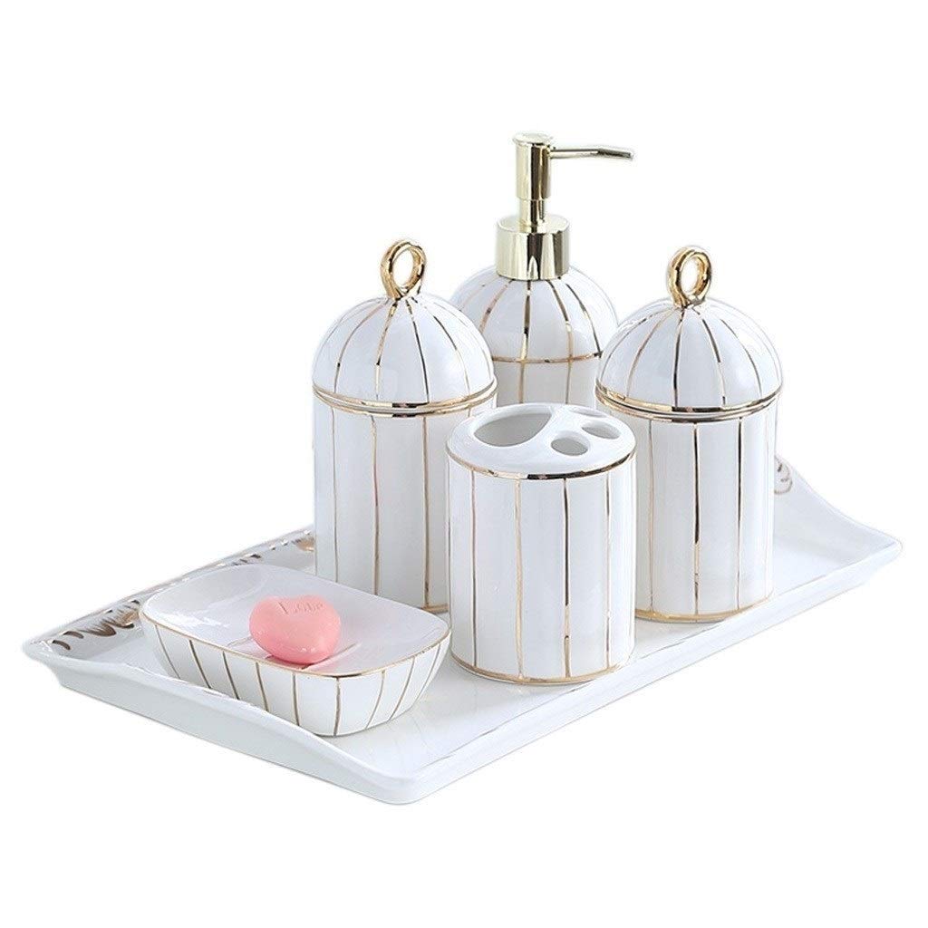 6-Piece Ceramic Bathroom Accessories Set - Soap Dispenser, Soap Dish, Toothbrush Holder, Storage Tray & Cup | White Countertop Organizer for Liquid Soap & Lotion | Perfect for Bathroom, Kitchen & Guest Room Decor