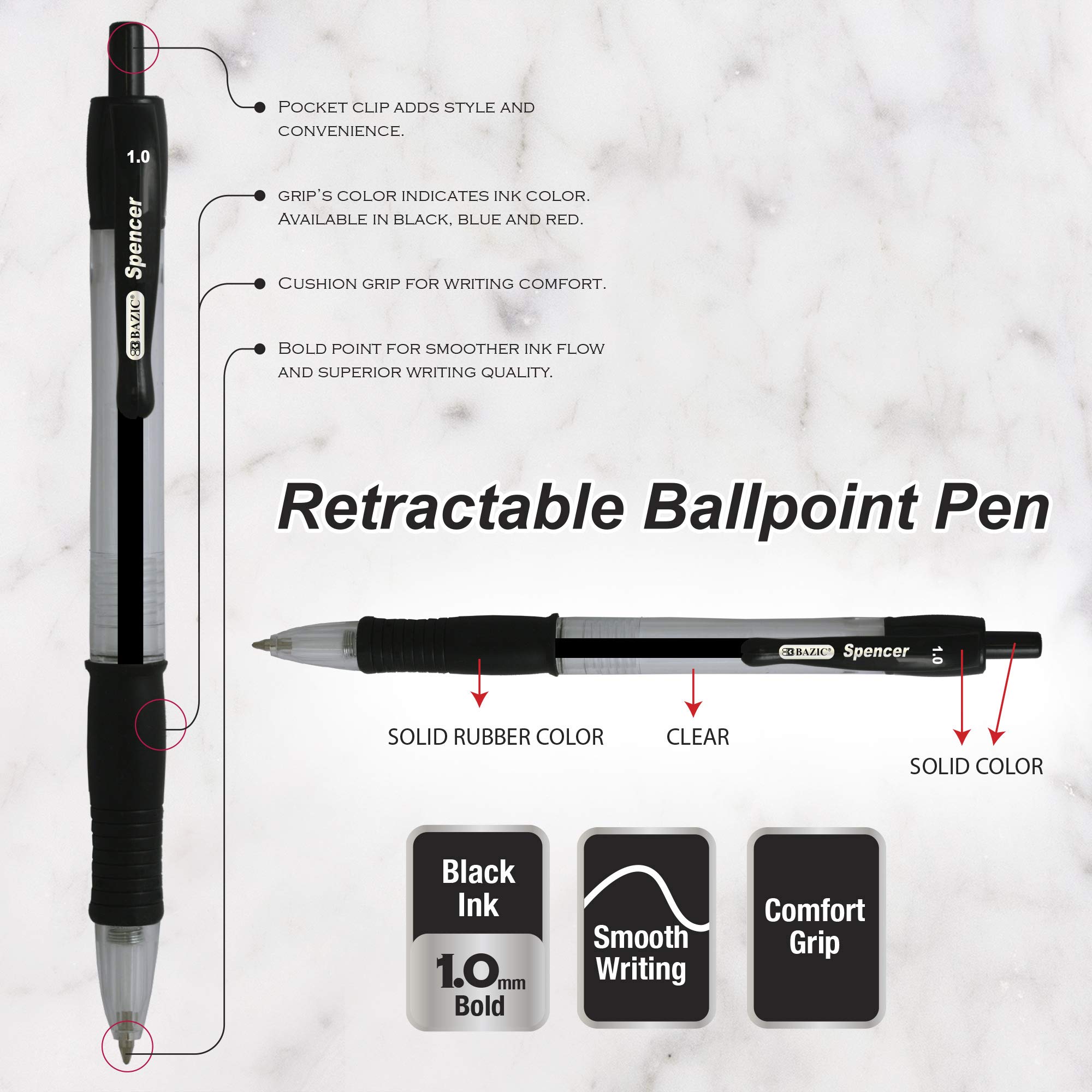 BAZIC Retractable Ballpoint Pens 1.0mm Bold Point - 144 Pack (5 Pens/Pack) - Smooth Writing Office & School Supplies with Soft Grip for Teachers, Students & Professionals - Perfect for Note Taking, Exams & Daily Writing Tasks