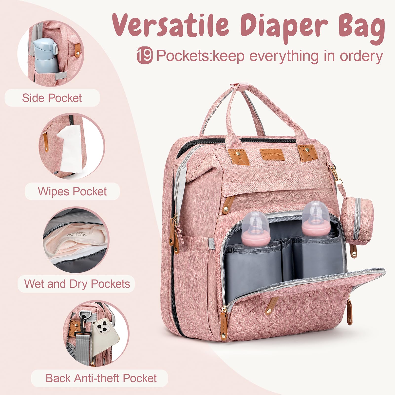 JOYCE Large Diaper Backpack with Changing Station - Multi-functional Baby Bag for Travel & Daily Use - Spacious & Stylish Pink Diaper Bag - Perfect Gift for New Moms & Newborns - Ideal for Daycare, Outings & Family Trips